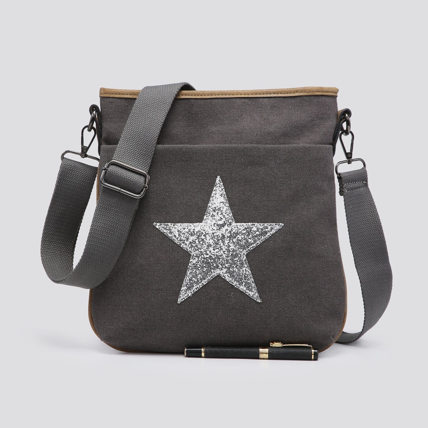 Grey Flat Star Cross Body Messenger Bag