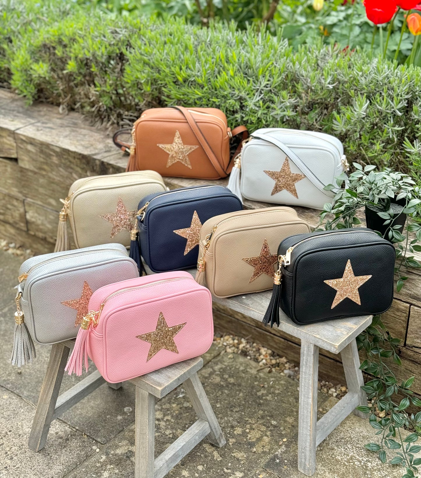 White Cross Body Handbag with Gold Star