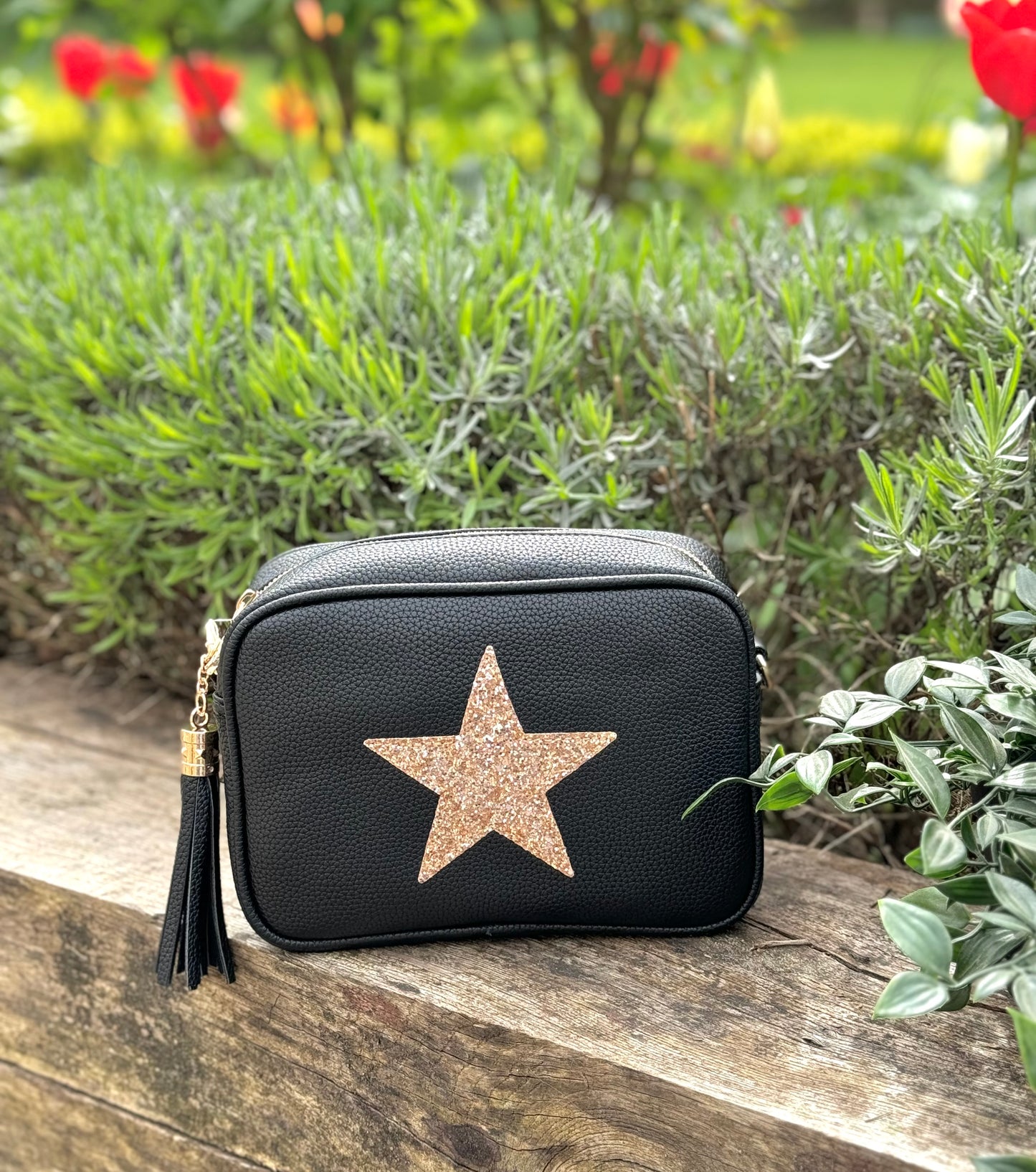 Black Crossbody Handbag with Gold Star