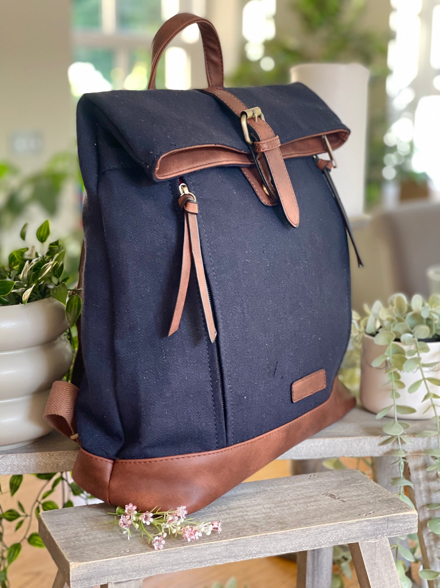Navy Herringbone Rucksack/Backpack