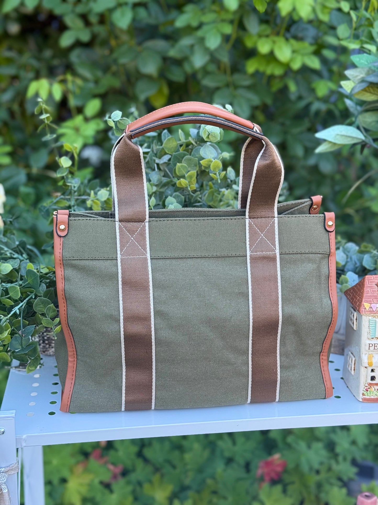 New Embroidered Tote Bag - Khaki Green