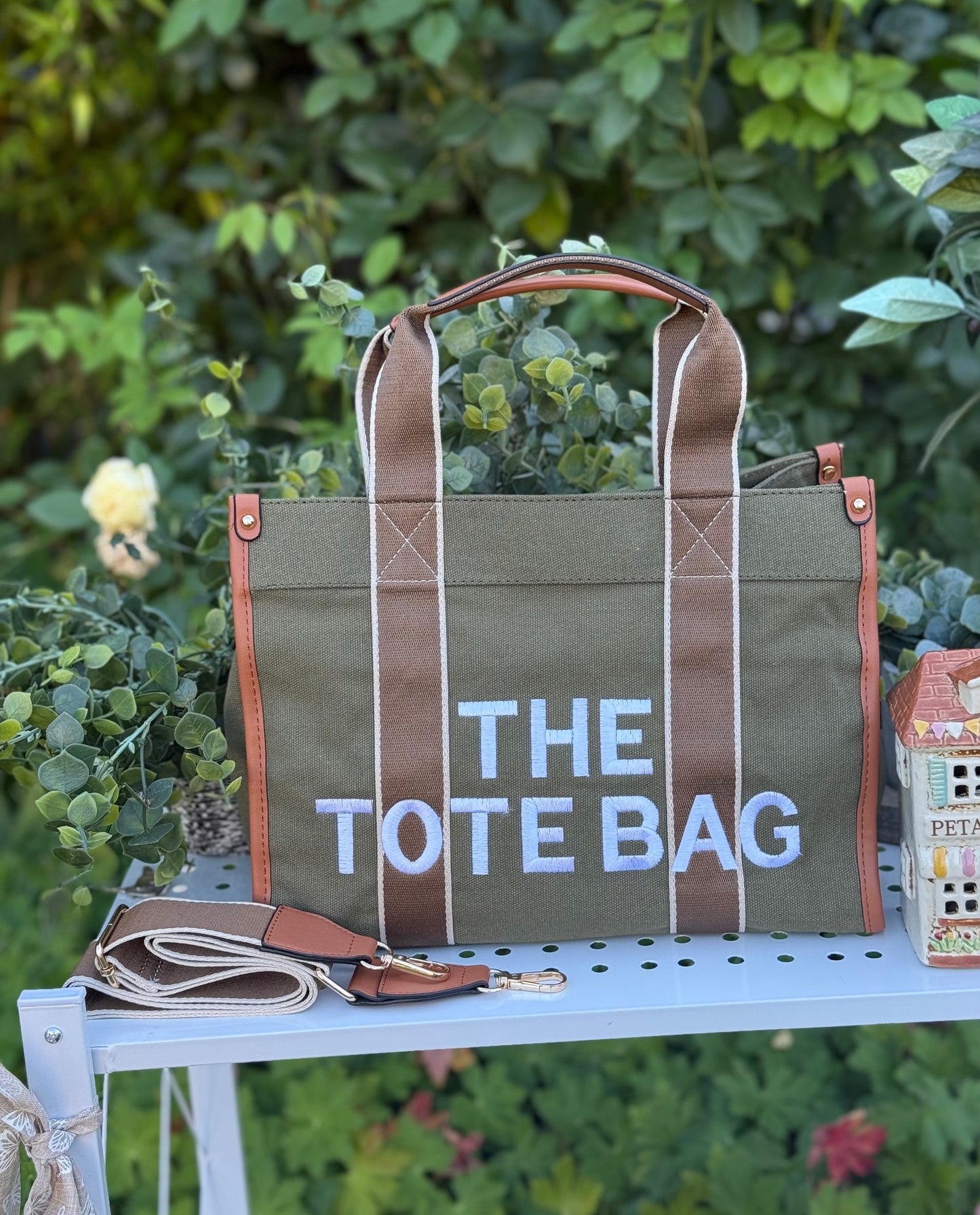 New Embroidered Tote Bag - Khaki Green