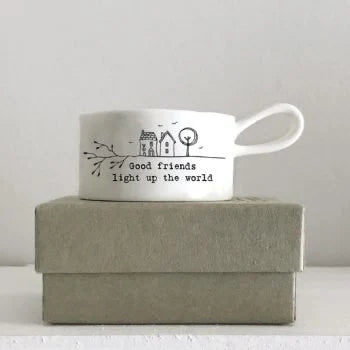 East of India Handled "Good Friends" Porcelain Tea Light Holder