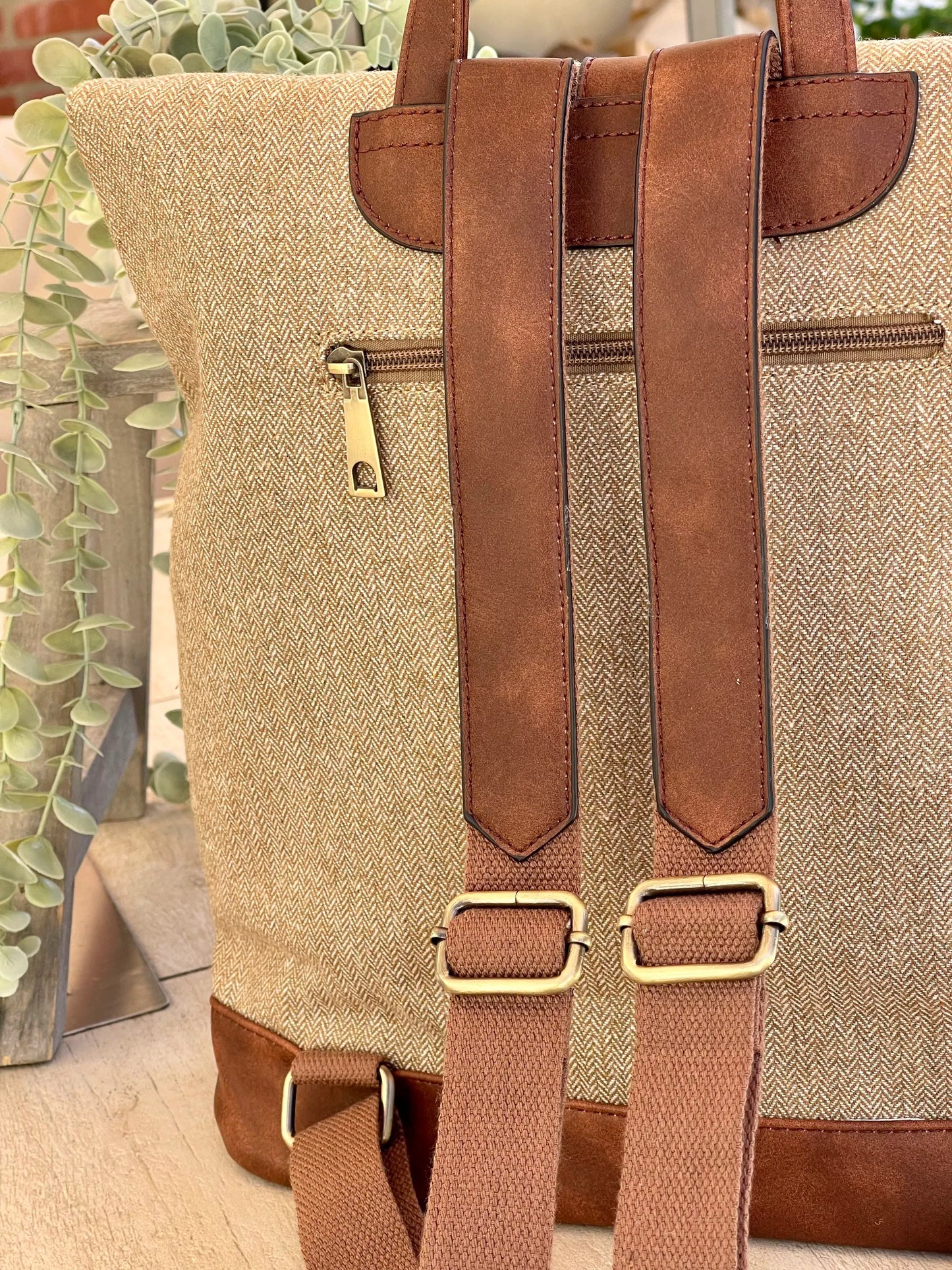 Camel/Taupe Herringbone Rucksack/Backpack