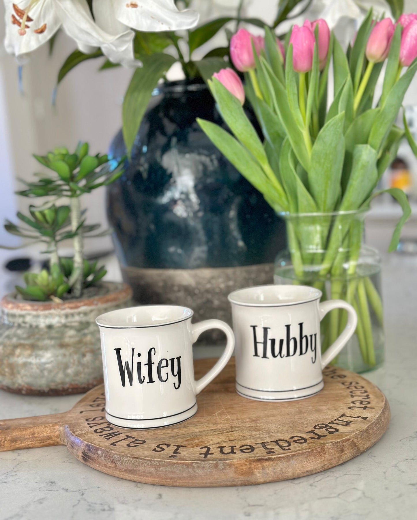 White Hubby and Wifey Porcelain Mugs.