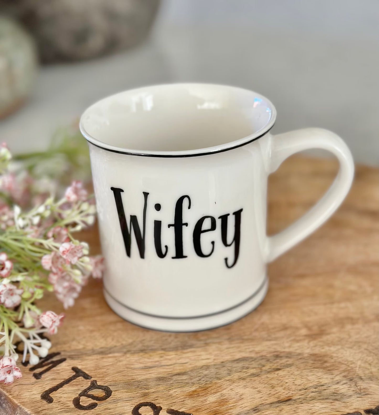 White Hubby and Wifey Porcelain Mugs.