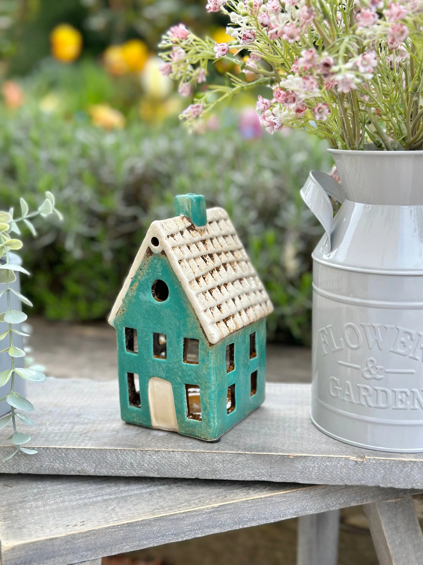 Turquoise Ceramic Townhouse/Cottage Candle Holder