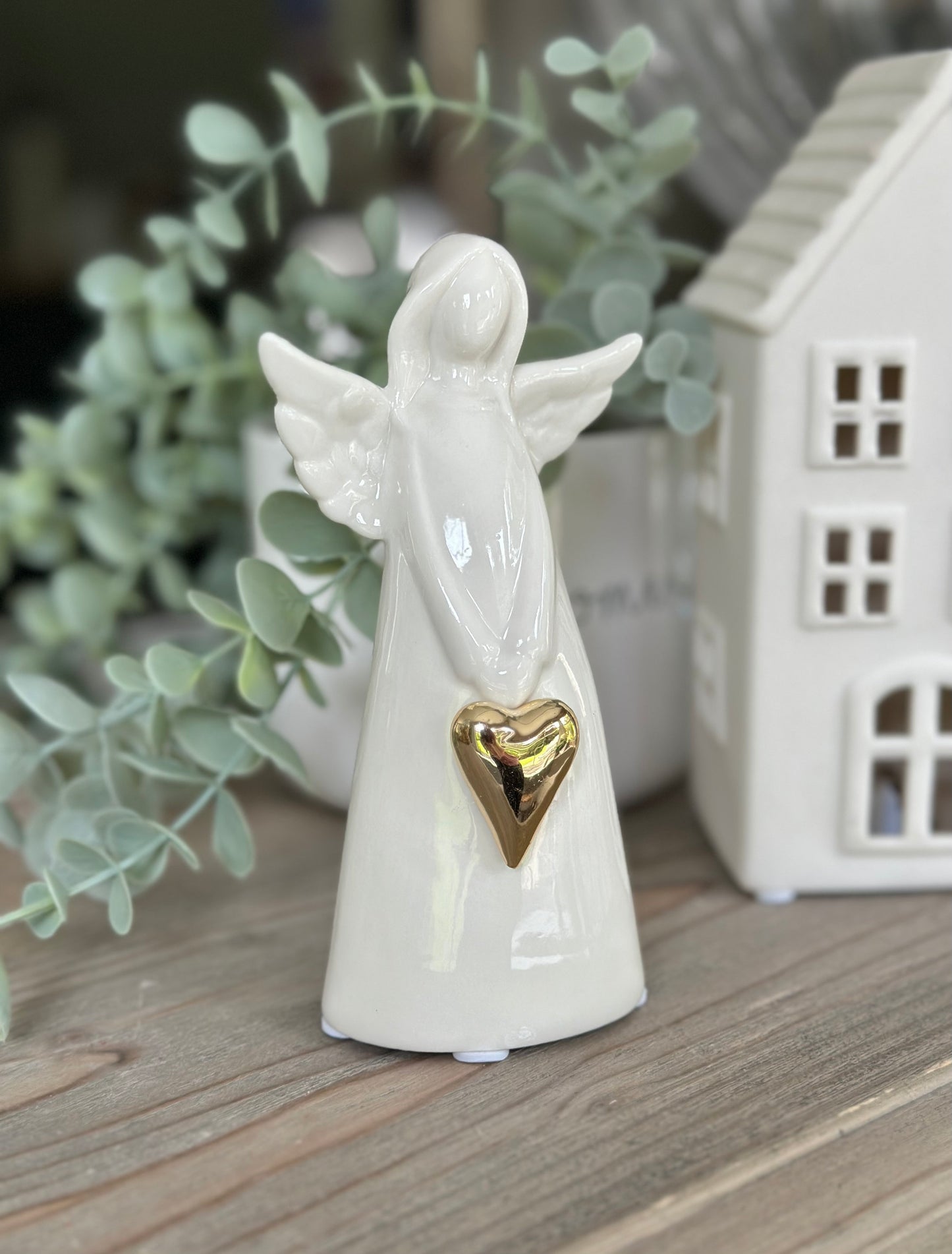 Glossy White ceramic glazed Angel with Gold Heart - 2 Sizes Available