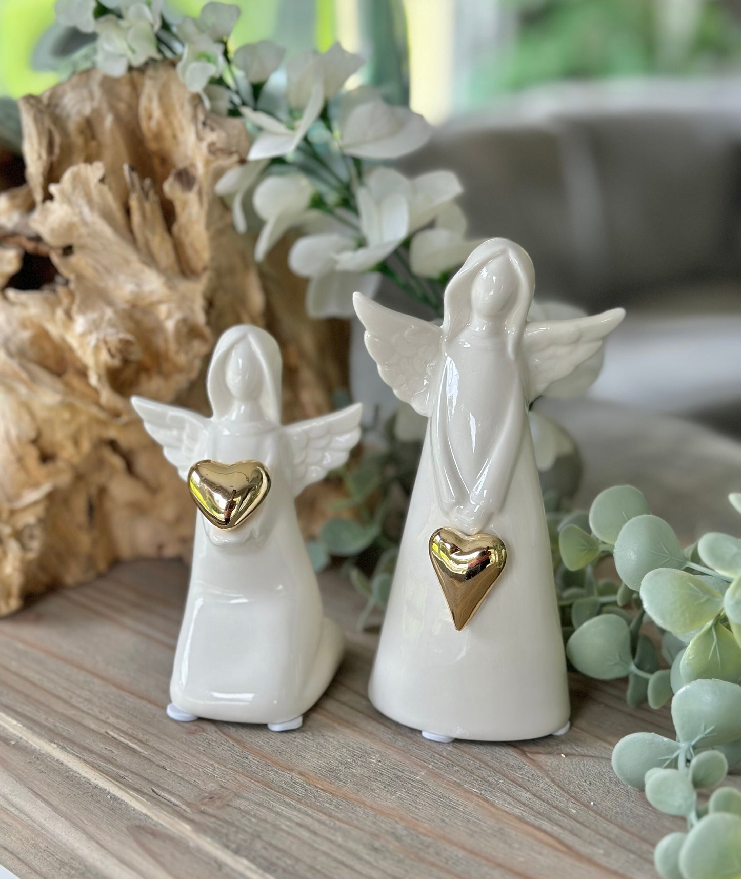 Glossy White ceramic glazed Angel with Gold Heart - 2 Sizes Available