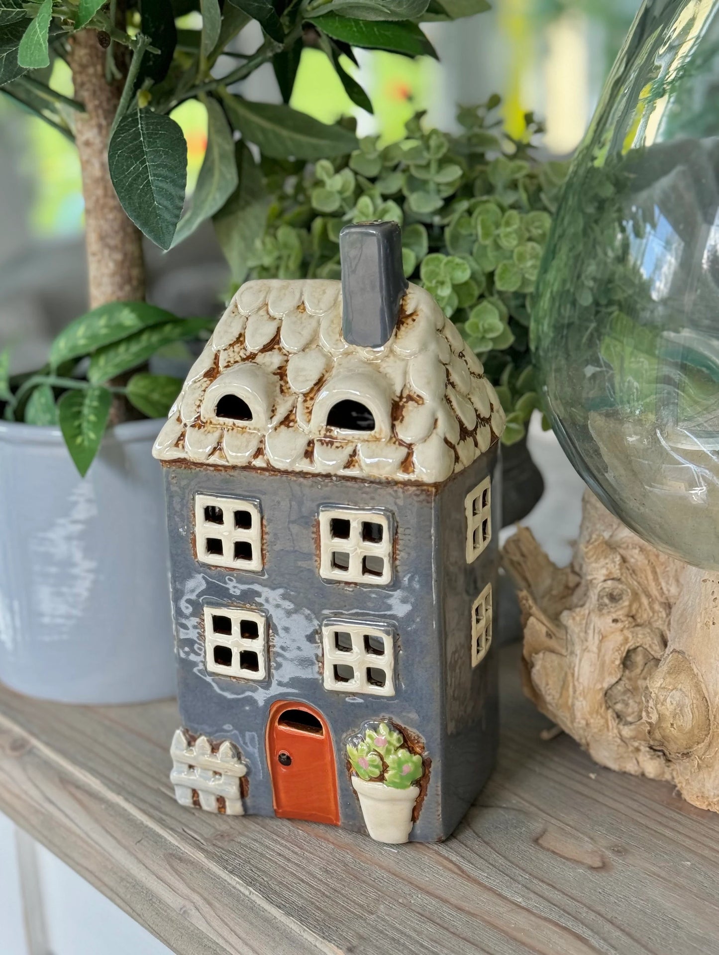 Navy Garden Ceramic Tealight House