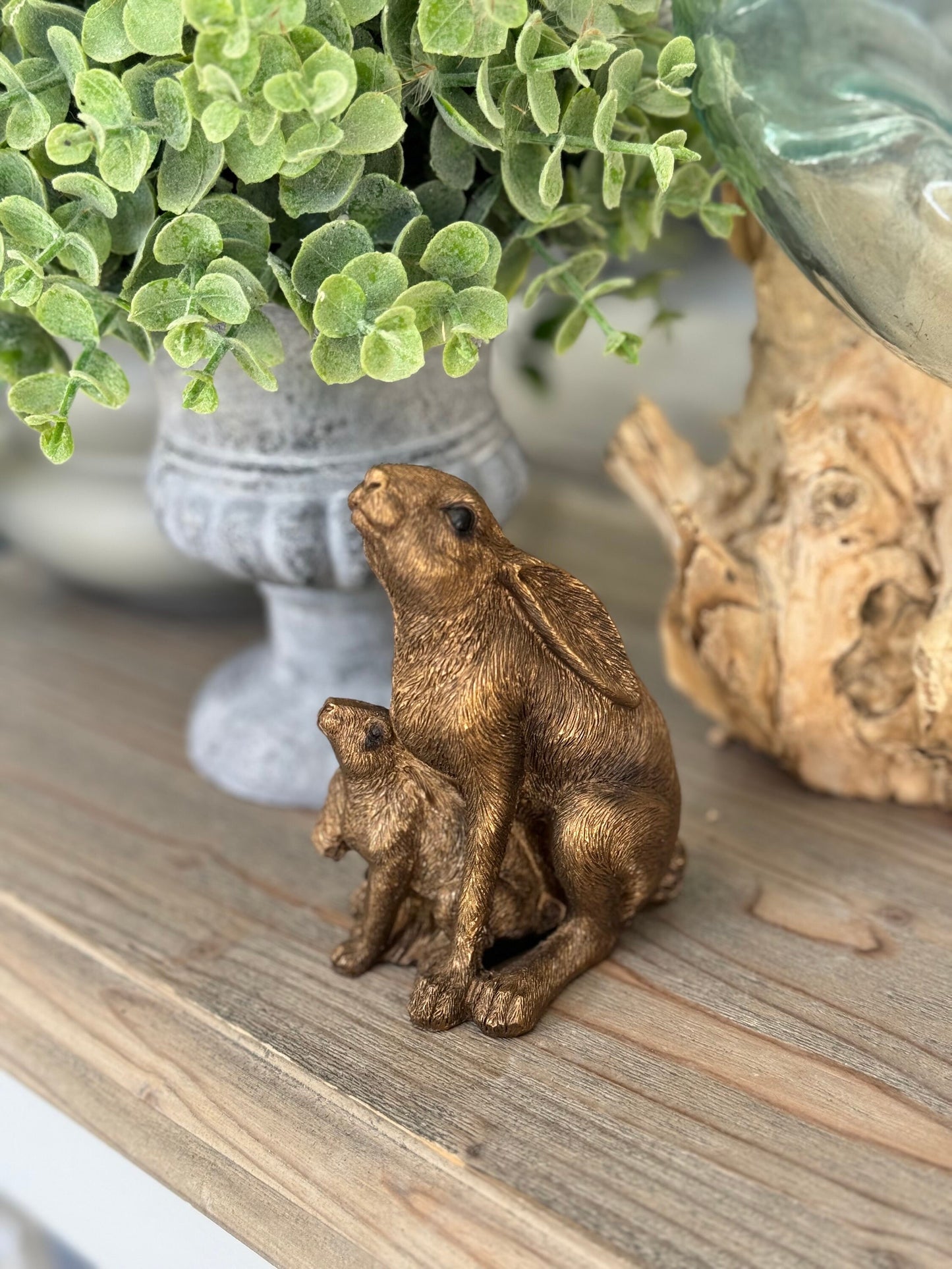 Bronzed Ornamental Sitting Hare and Baby