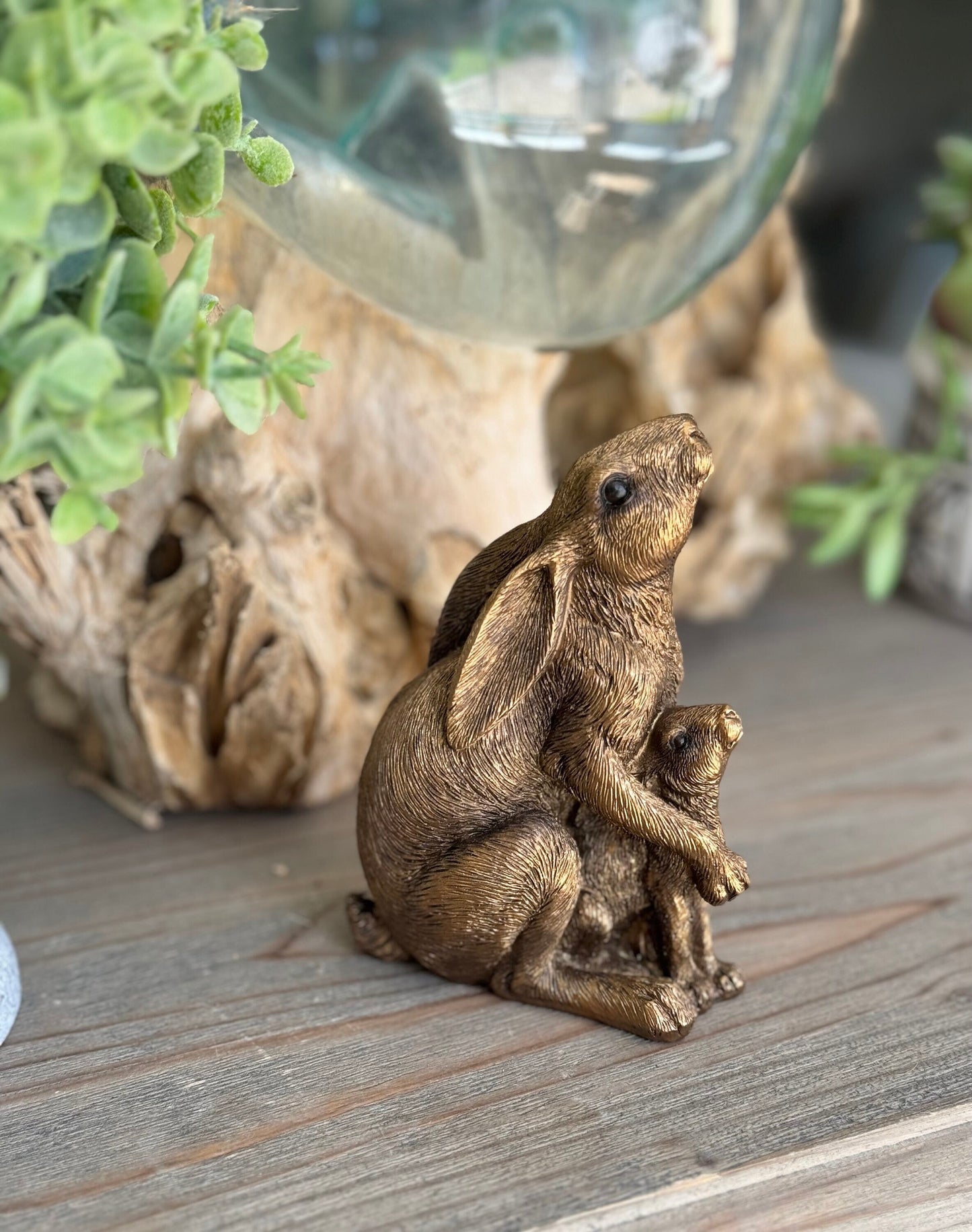 Bronzed Ornamental Sitting Hare and Baby