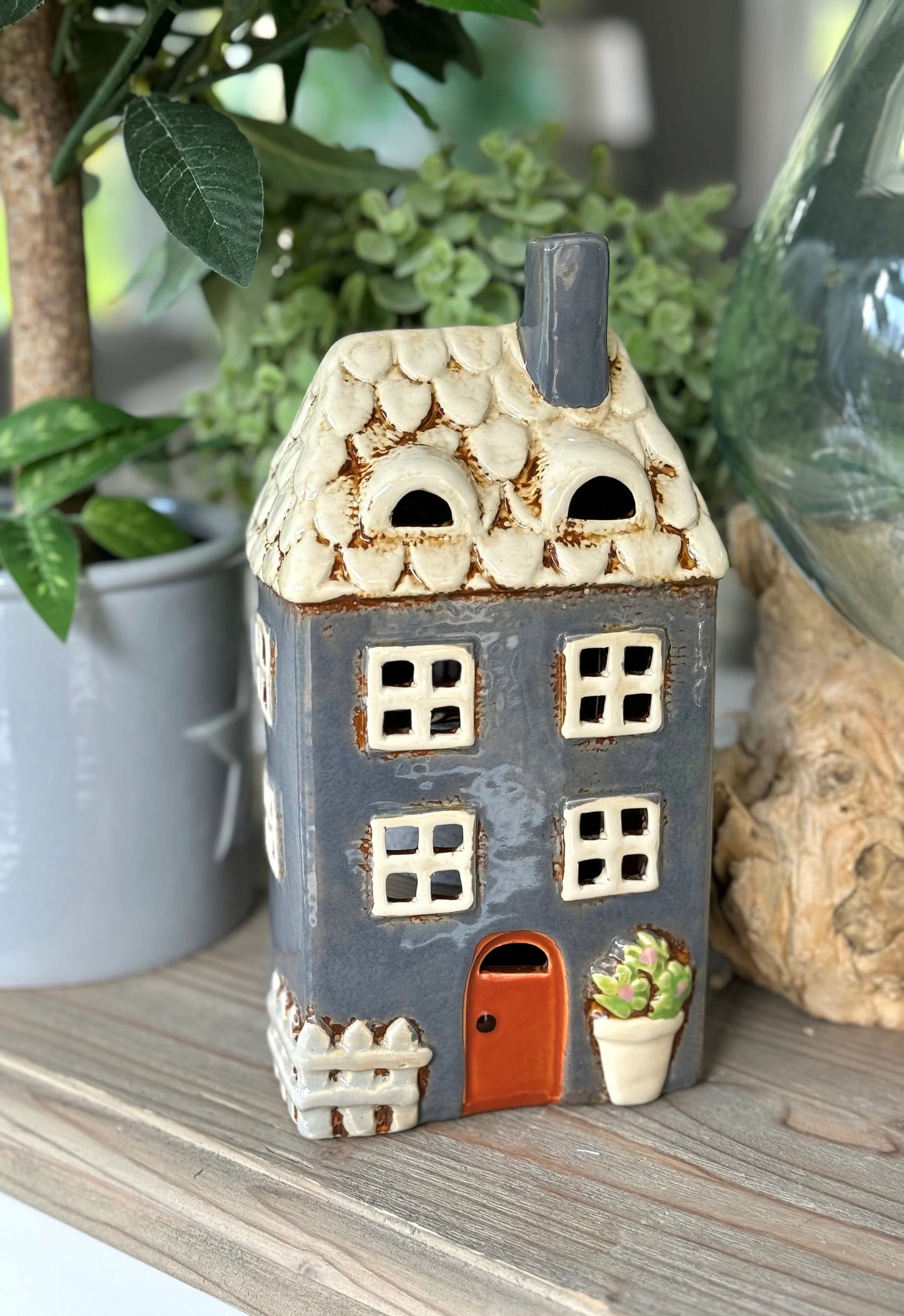 Navy Garden Ceramic Tealight House