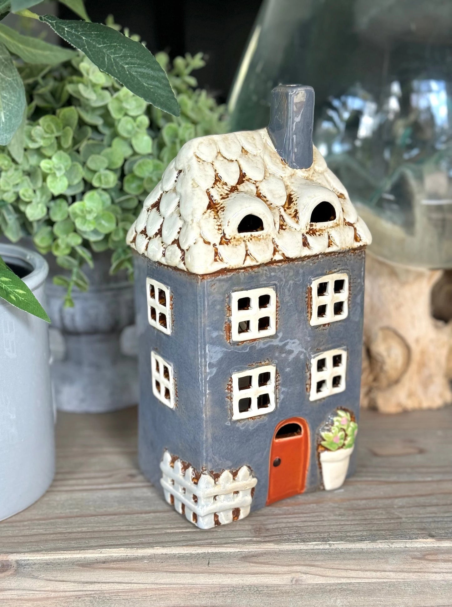 Navy Garden Ceramic Tealight House