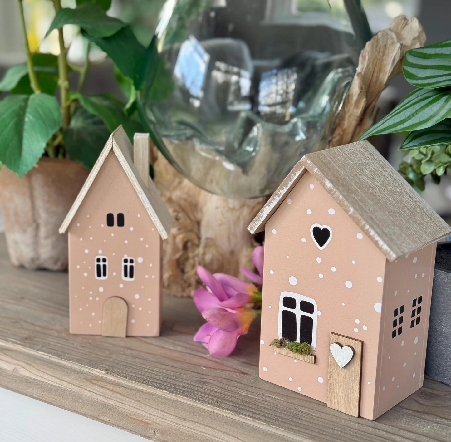 Pink Polka Dot Wooden Houses - Choice of 2 sizes