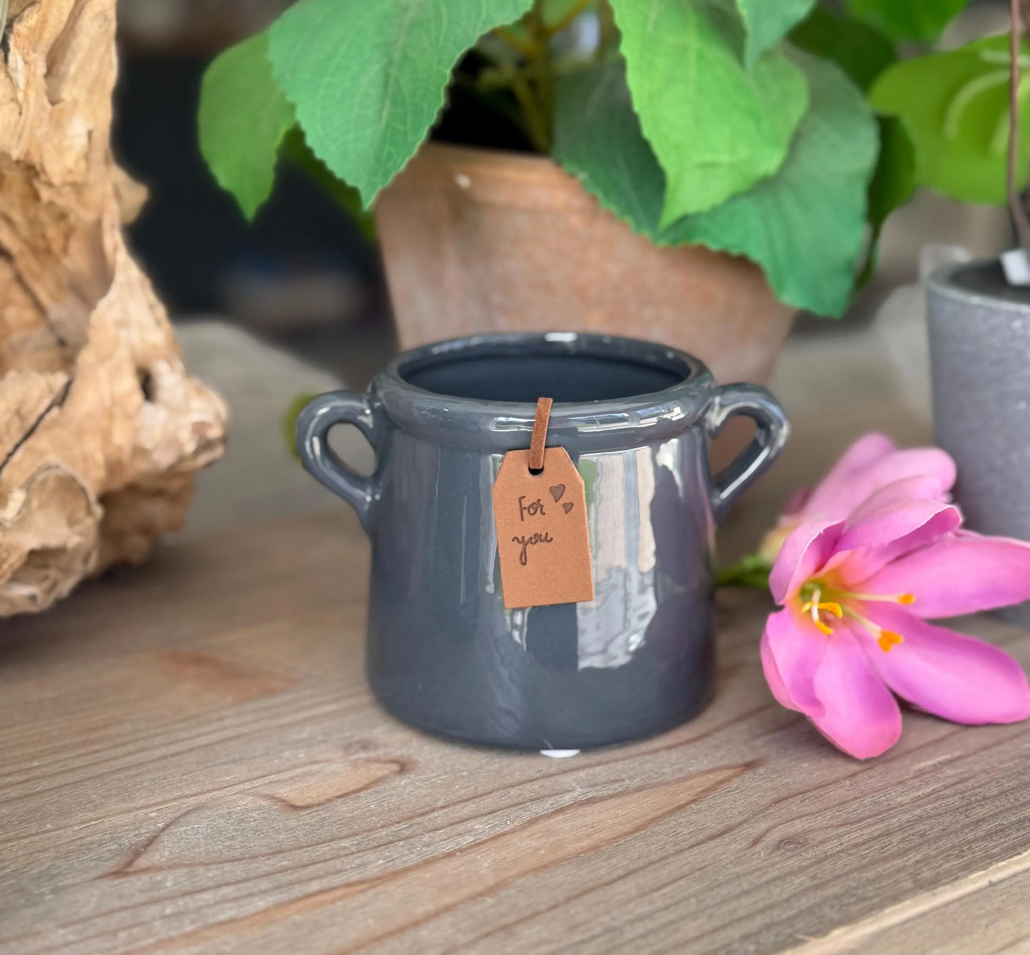 Dark Grey Ceramic Pot with 'For You' Tag - 2 Sizes Available