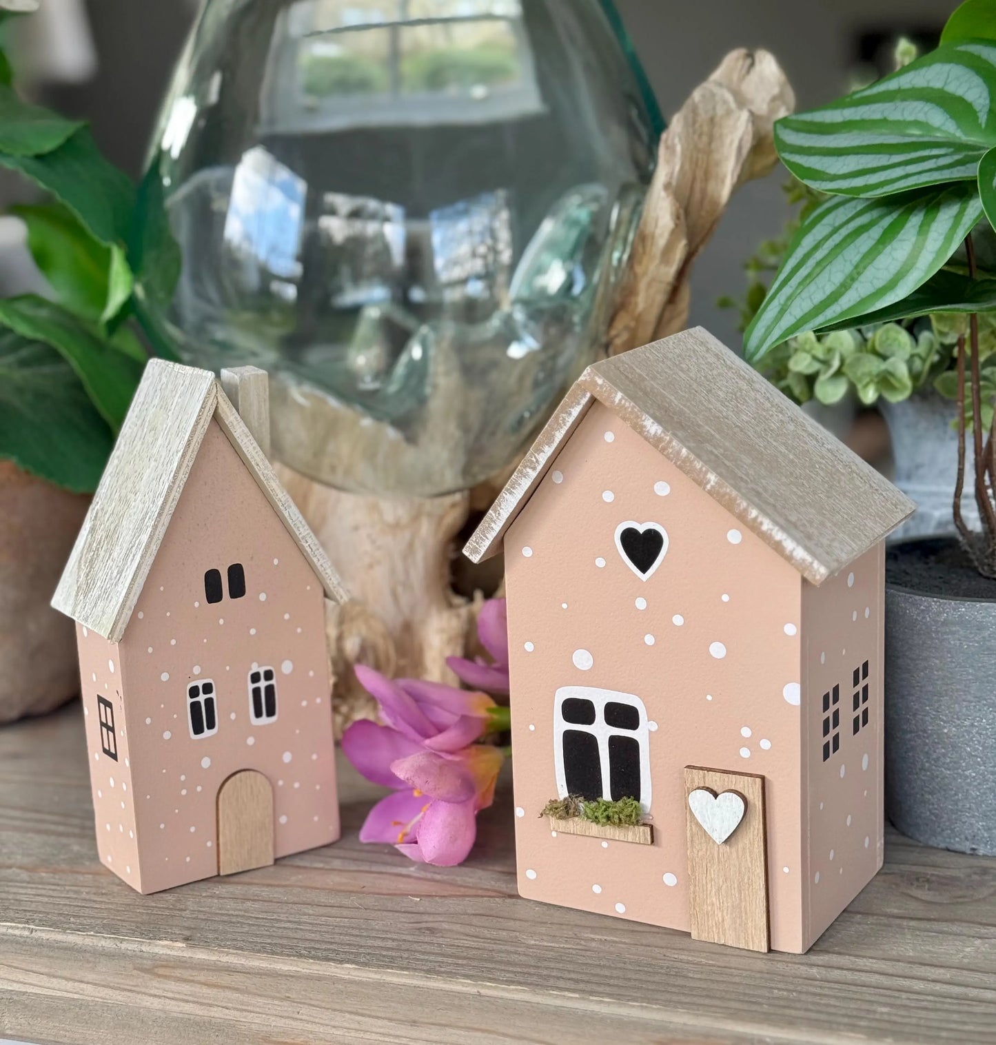 Pink Polka Dot Wooden Houses - Choice of 2 sizes