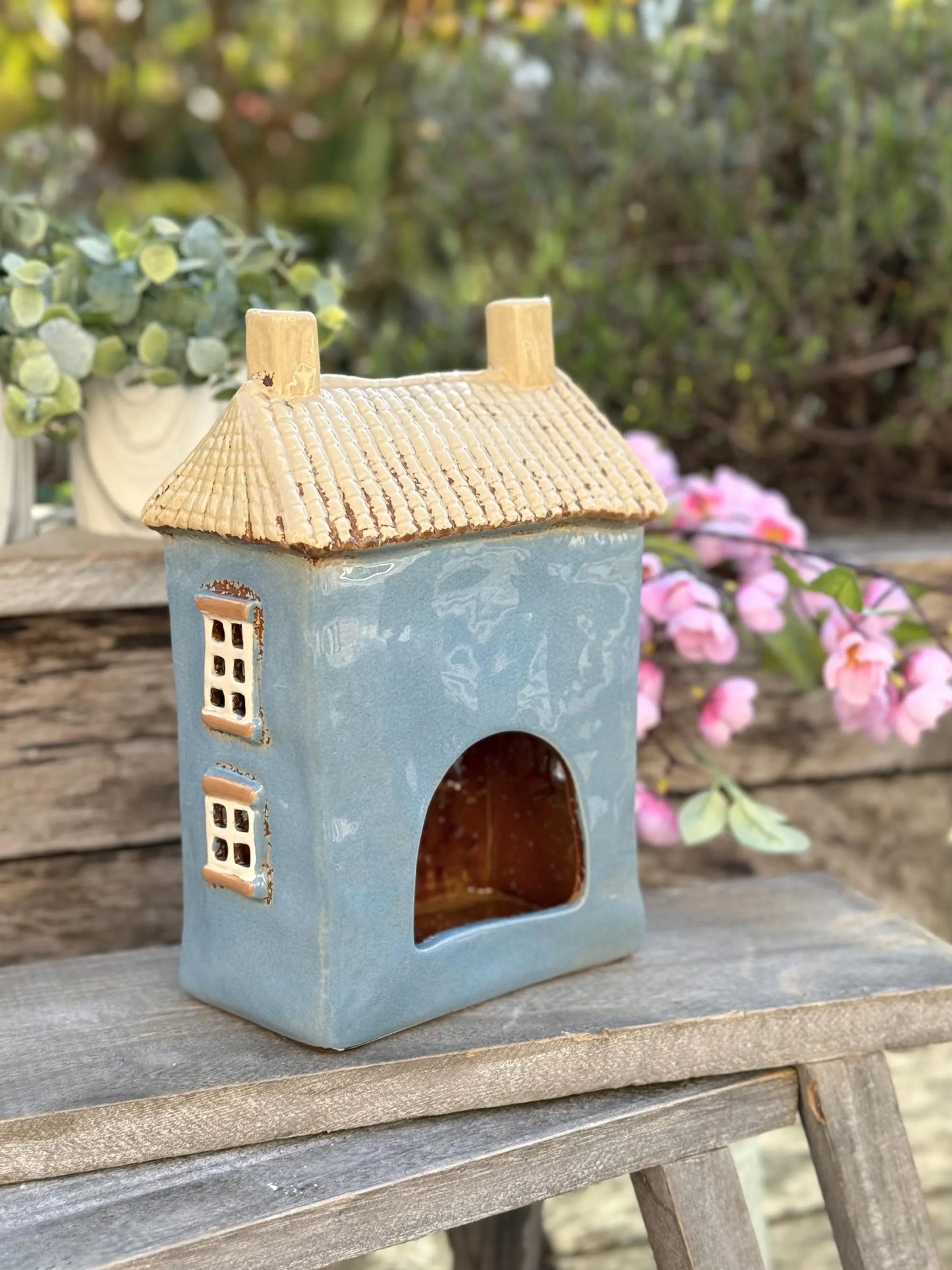 Tall Blue Townhouse/Country House Ceramic Tealight