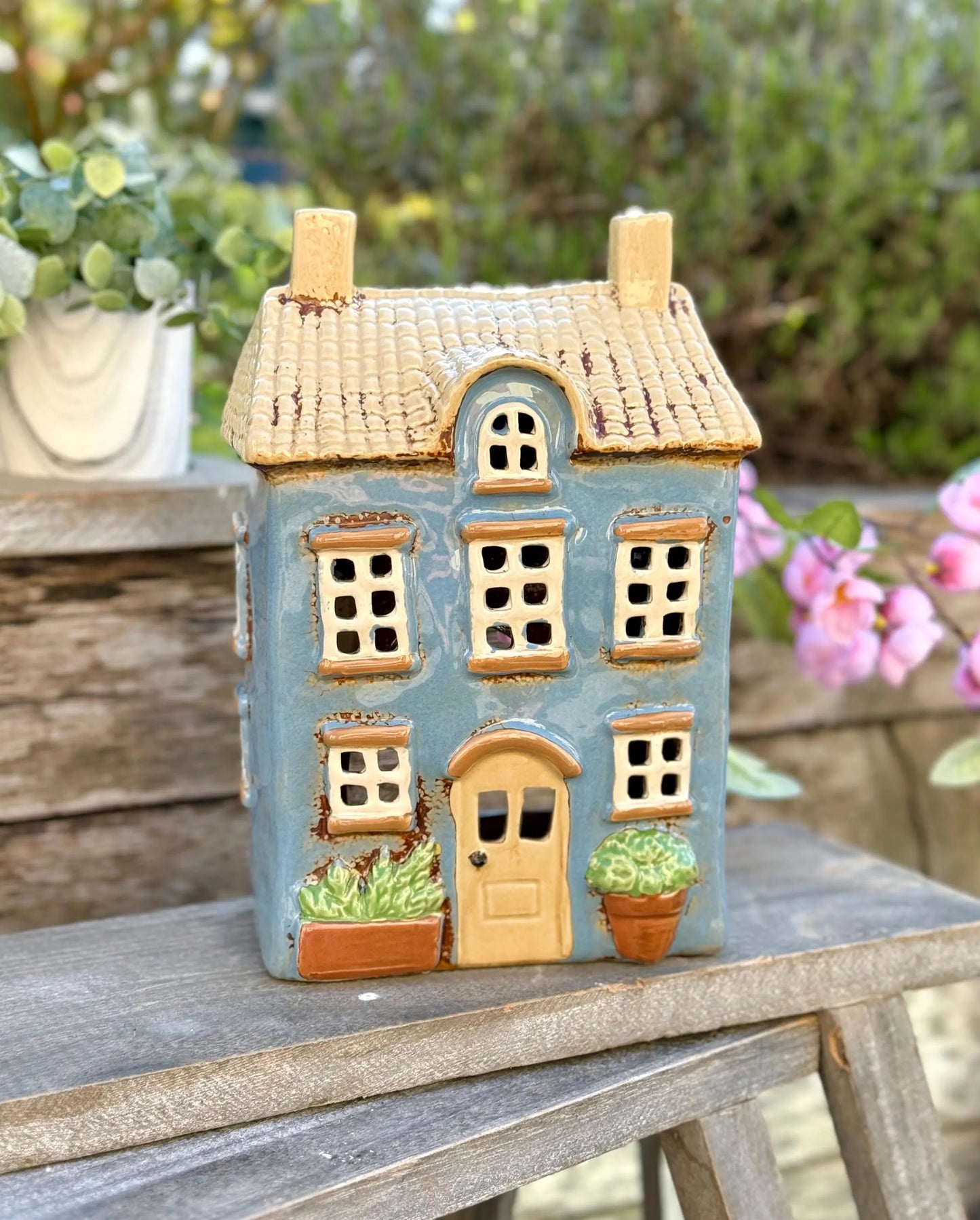 Tall Blue Townhouse/Country House Ceramic Tealight