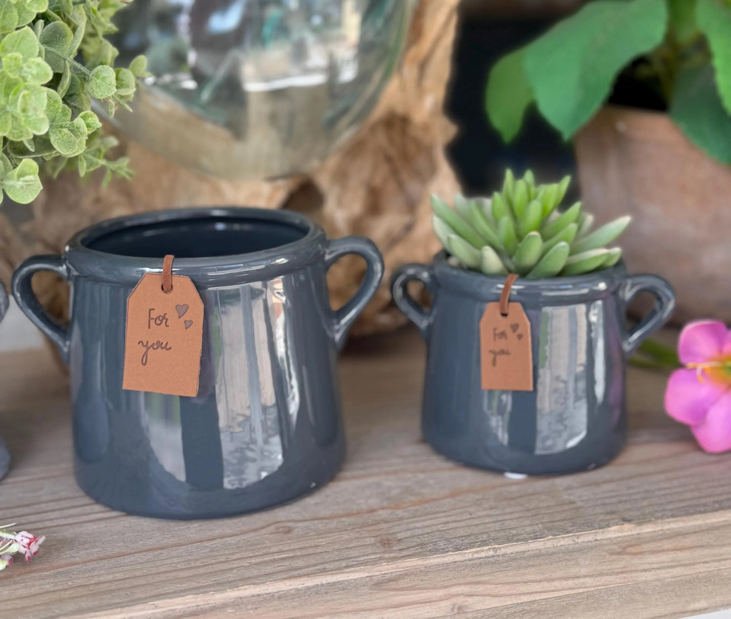 Dark Grey Ceramic Pot with 'For You' Tag - 2 Sizes Available