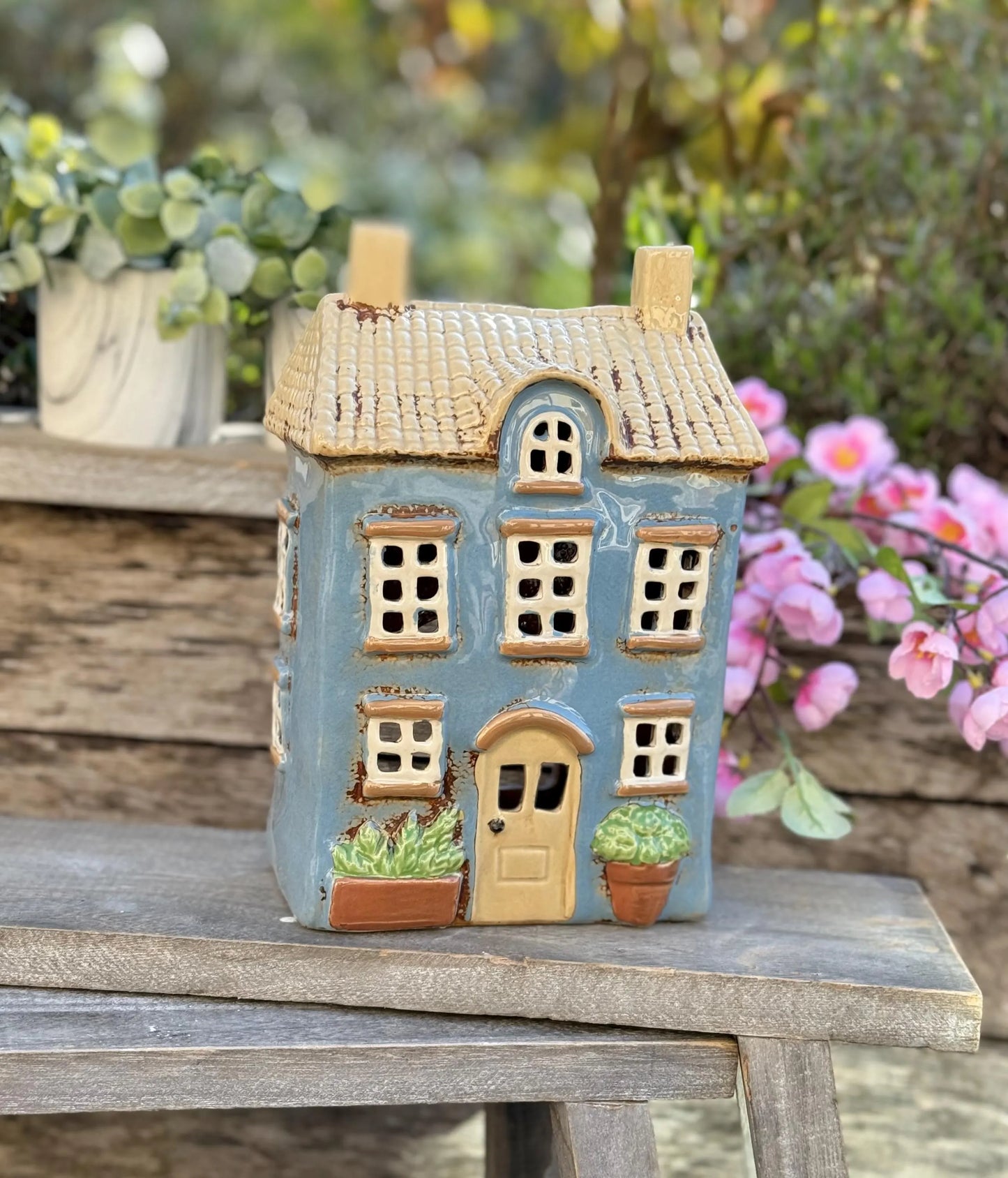 Tall Blue Townhouse/Country House Ceramic Tealight