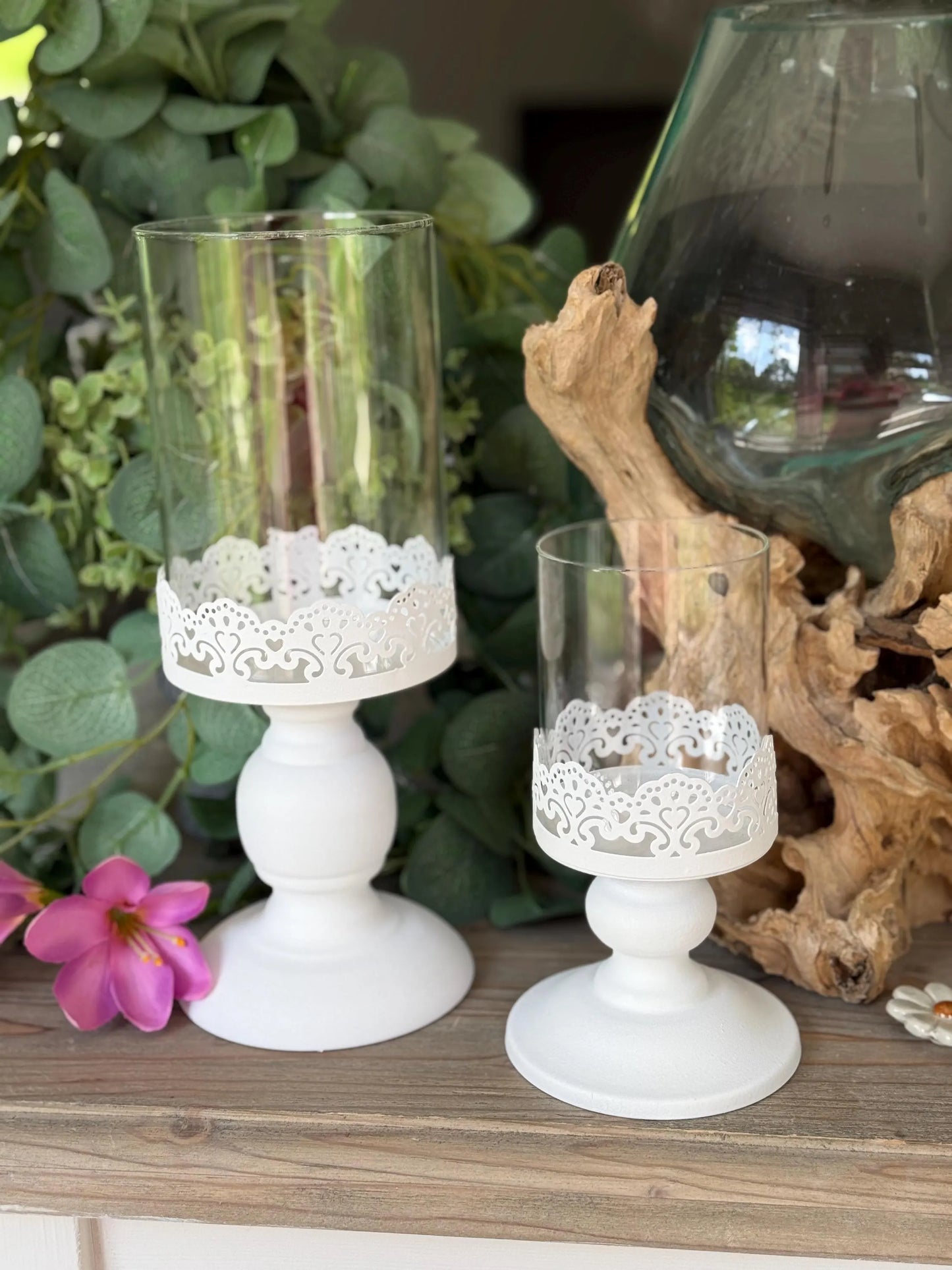 Hand Painted White Metal Candlestick/Lantern/Hurricane