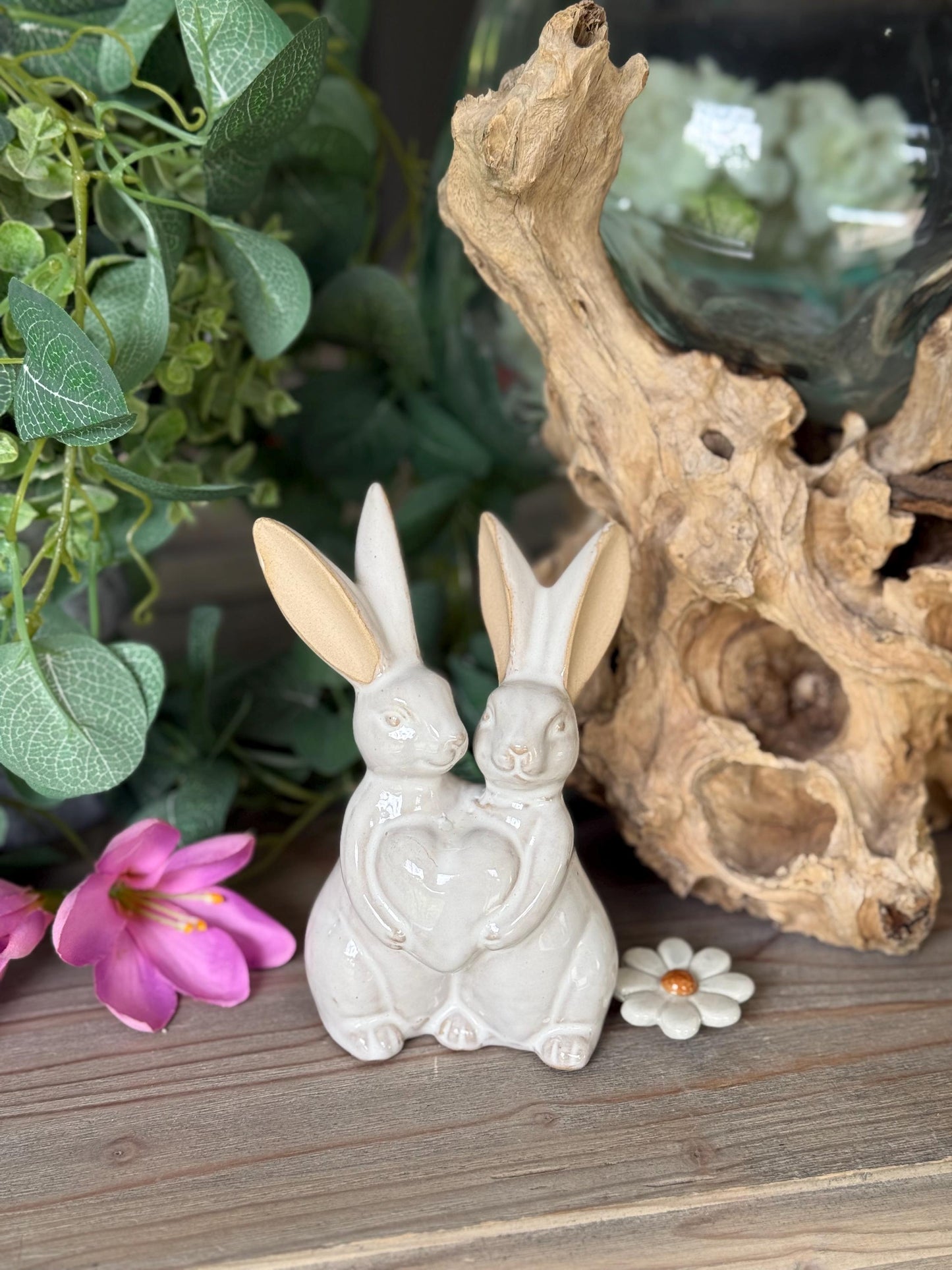 Glazed Ceramic Hugging Bunnies.