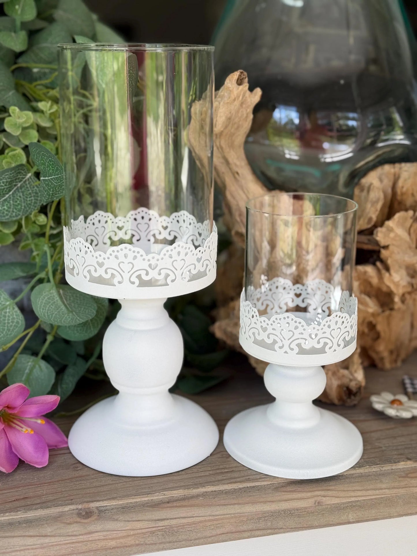 Hand Painted White Metal Candlestick/Lantern/Hurricane