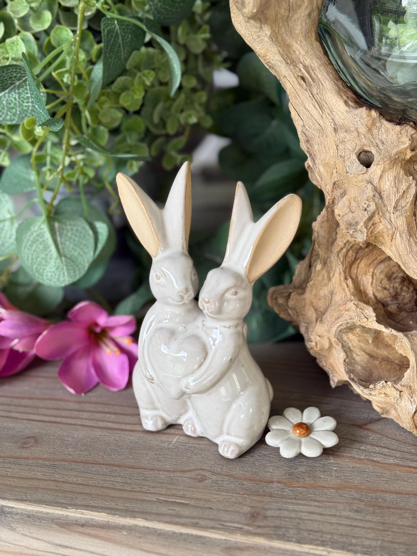 Glazed Ceramic Hugging Bunnies.