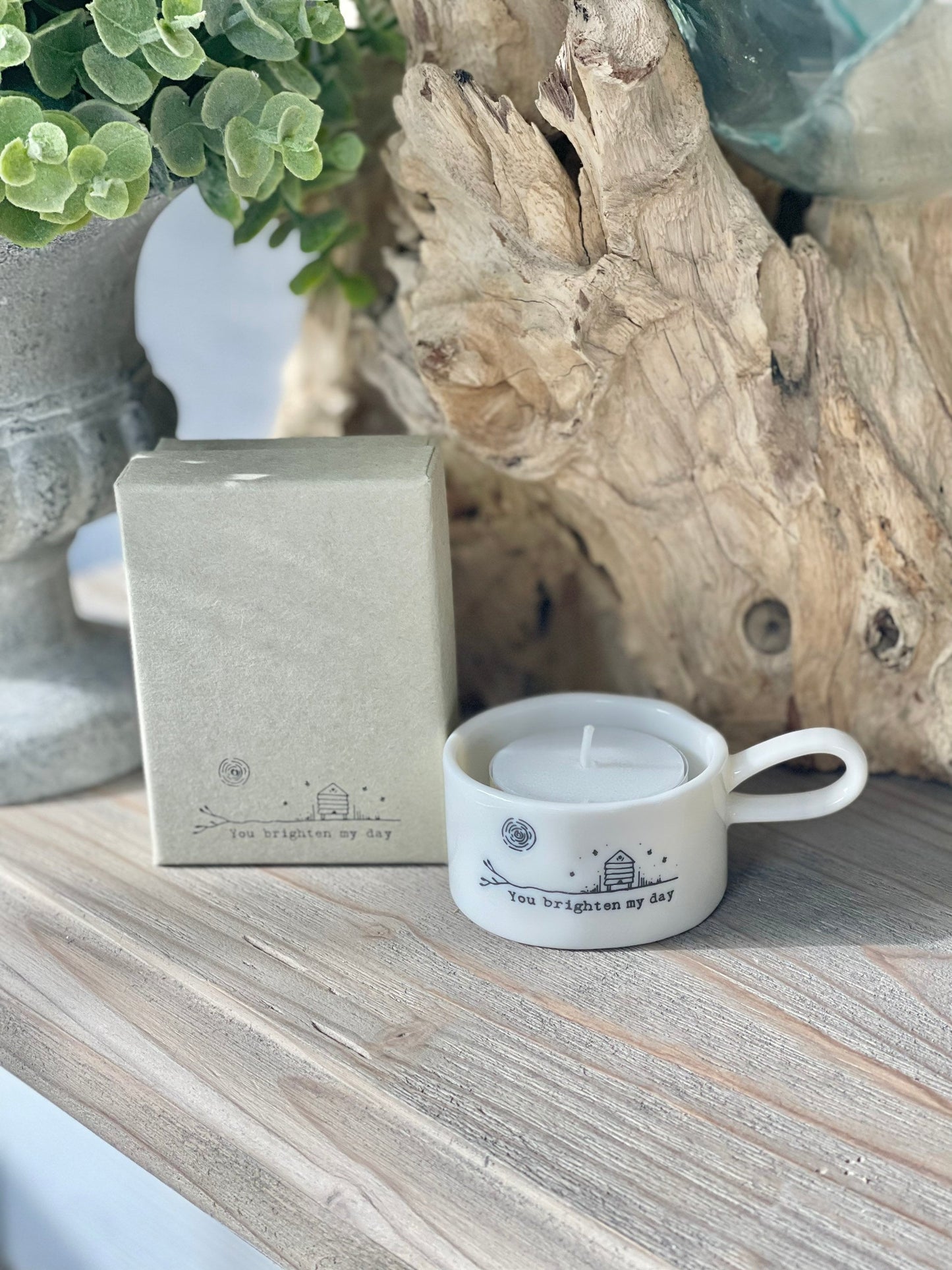 Handled tea light holder - “You Brighten My Day"