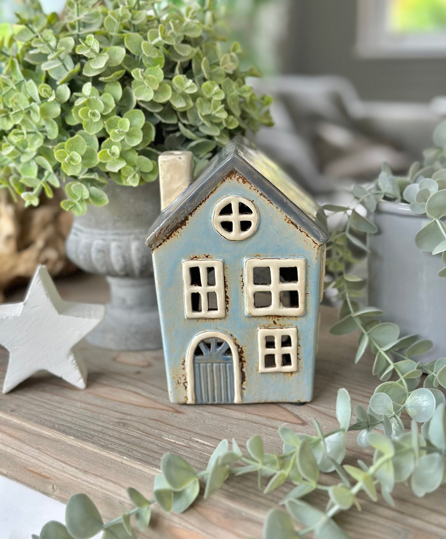 Pale Blue Ceramic House /Cottage Candle Holder
