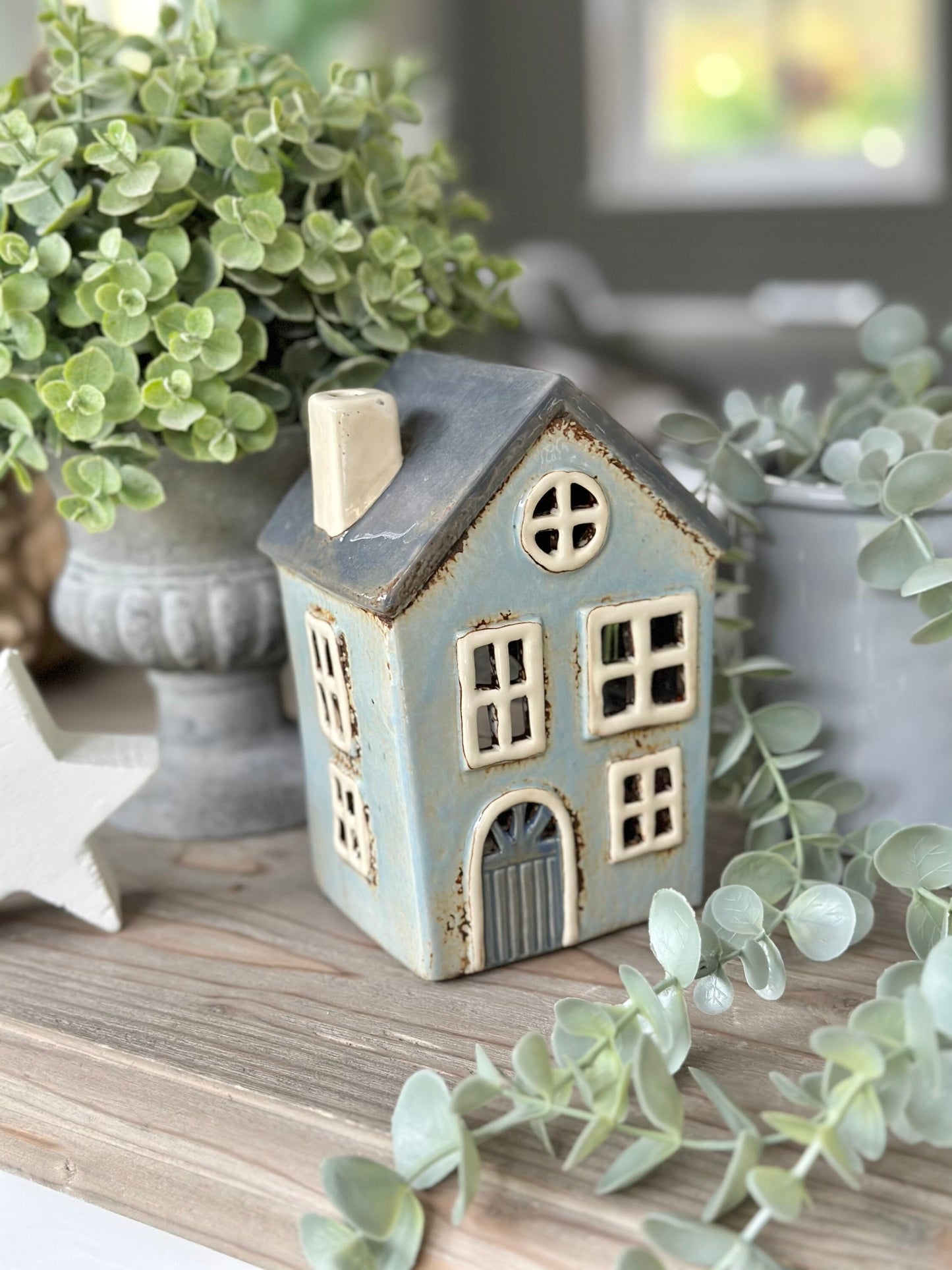 Pale Blue Ceramic House /Cottage Candle Holder