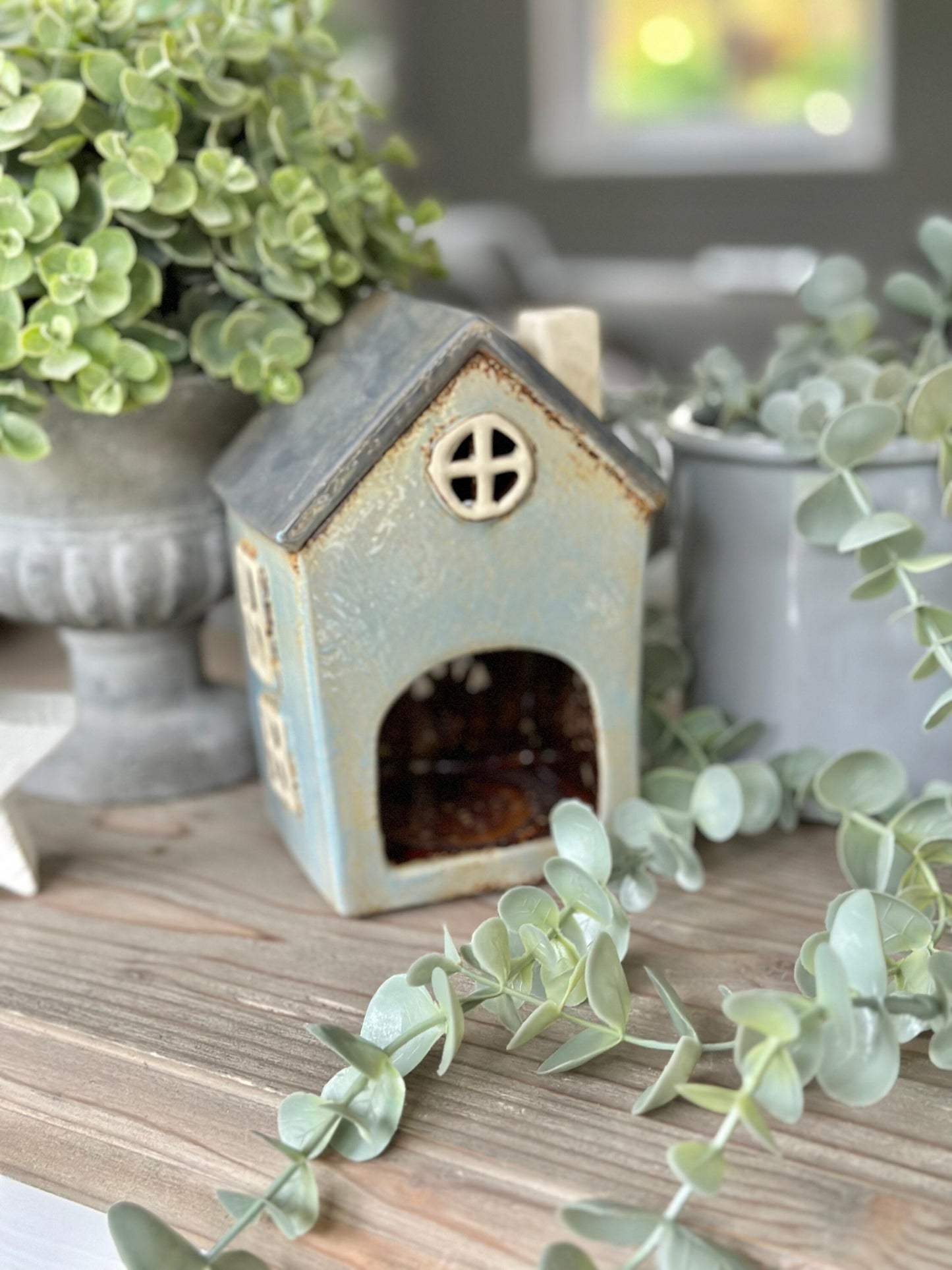 Pale Blue Ceramic House /Cottage Candle Holder