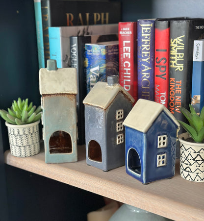 Navy Blue Glazed Ceramic Town House Tea light