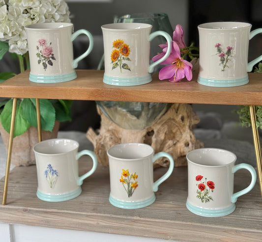 Stoneware Embossed Mug - Rose, Sunflower, Thistle, Bluebells, Daffodil and Poppy