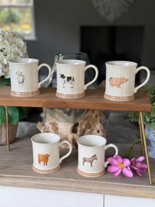 Stoneware Embossed Mug - Sheep, Cow, Pig, Highland Cow and Donkey