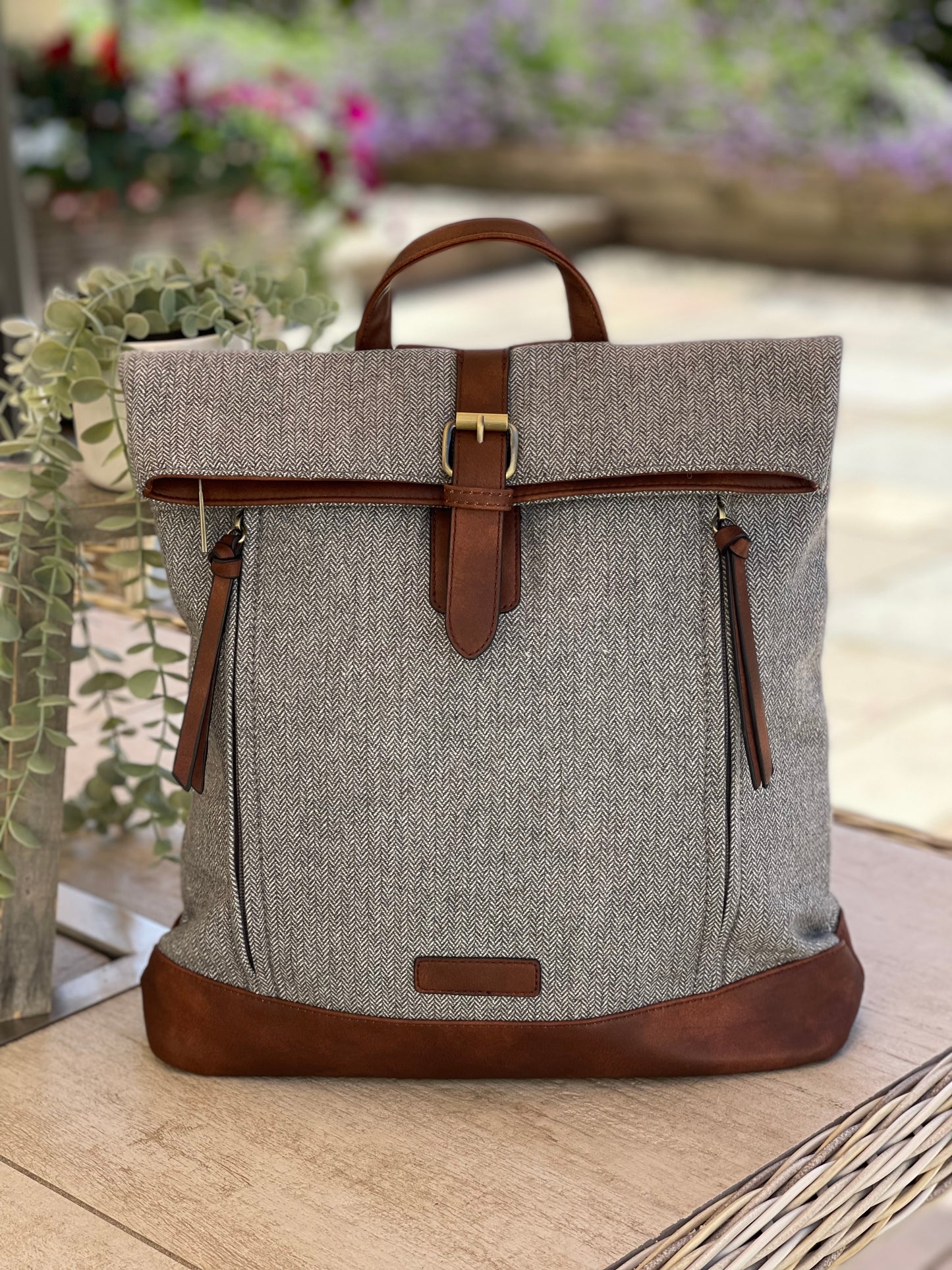 Grey Herringbone Rucksack/Backpack