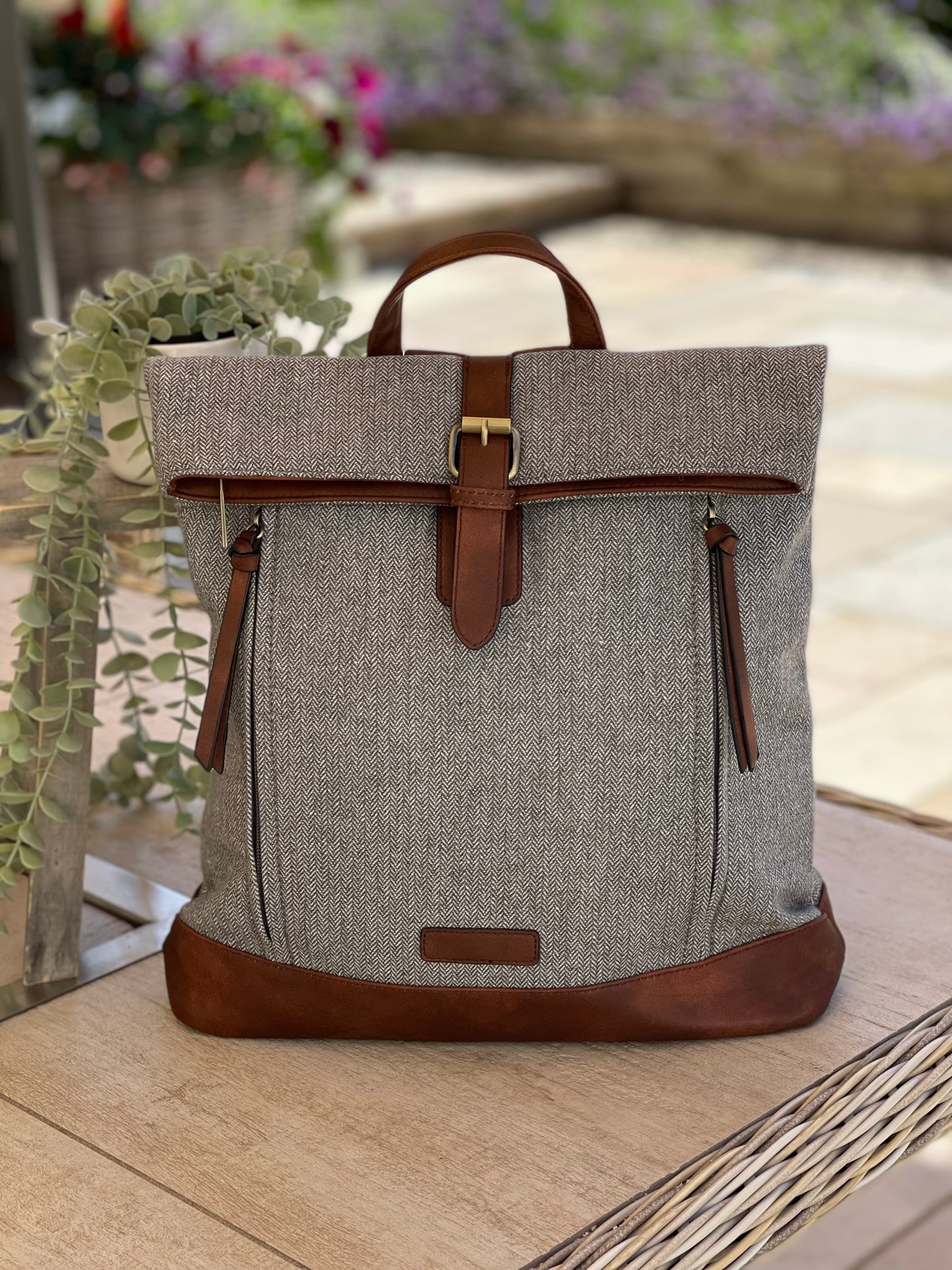 Grey Herringbone Rucksack/Backpack