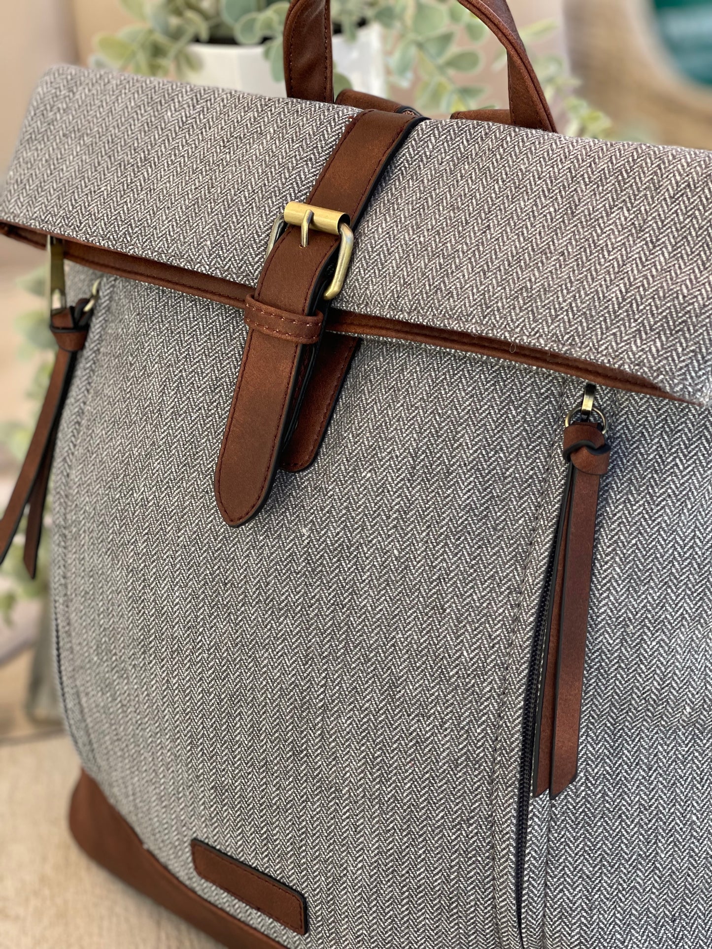 Grey Herringbone Rucksack/Backpack