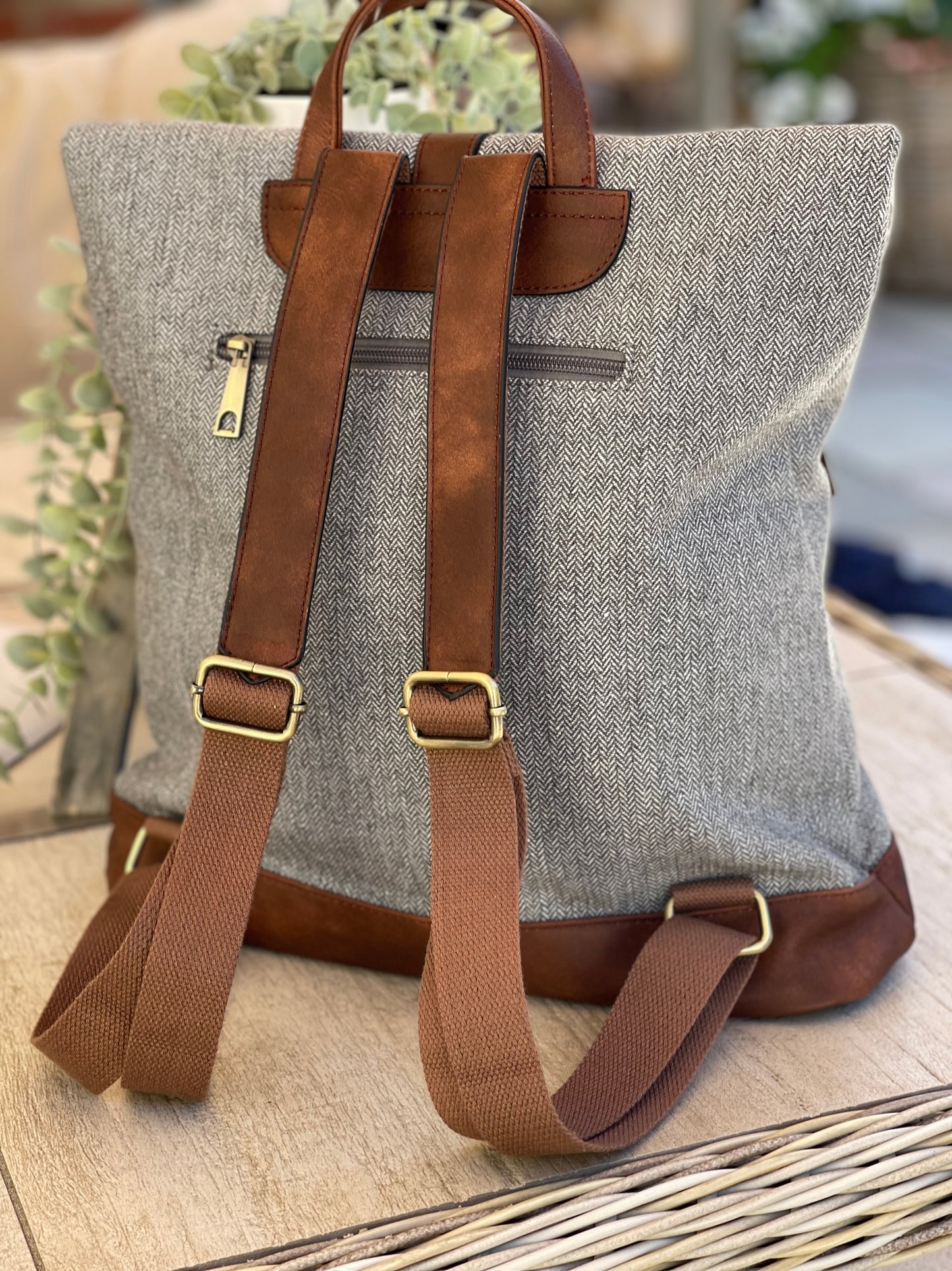 Grey Herringbone Rucksack/Backpack