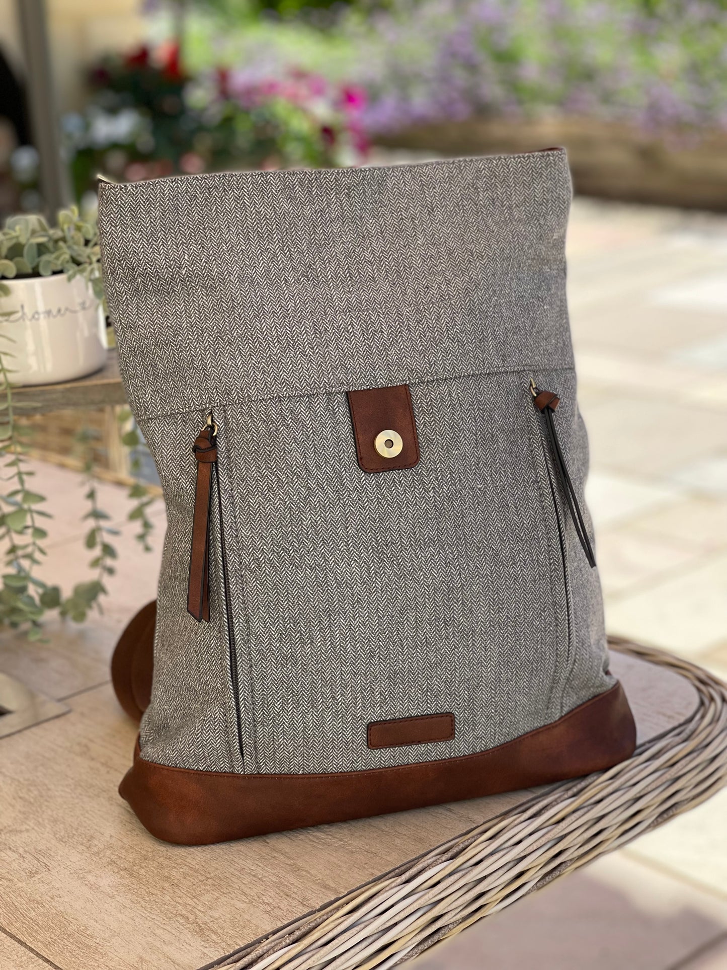 Grey Herringbone Rucksack/Backpack