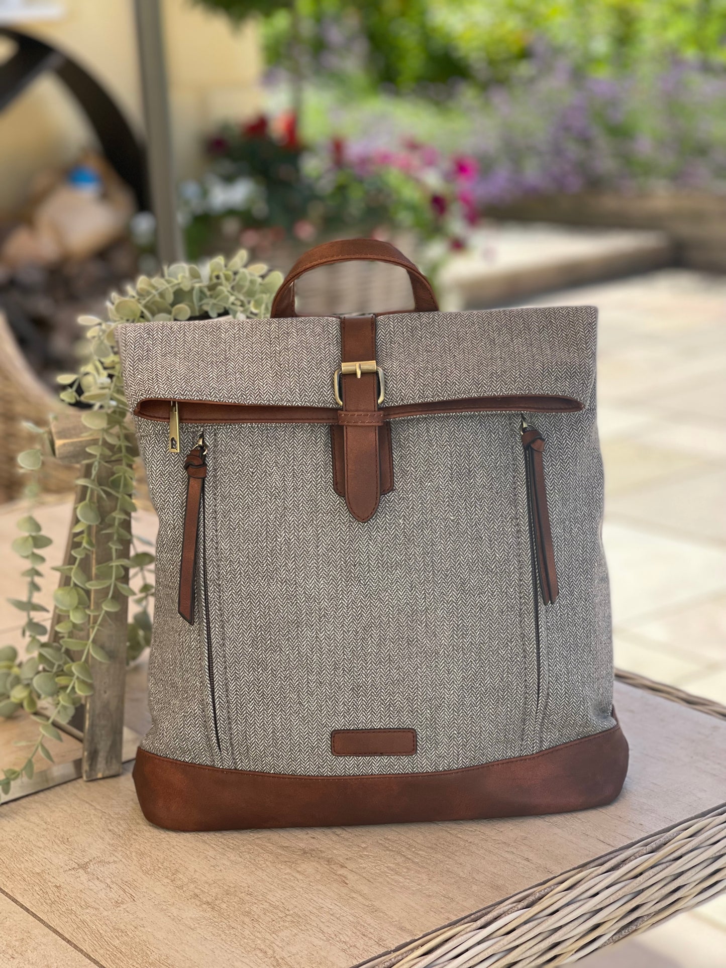 Grey Herringbone Rucksack/Backpack