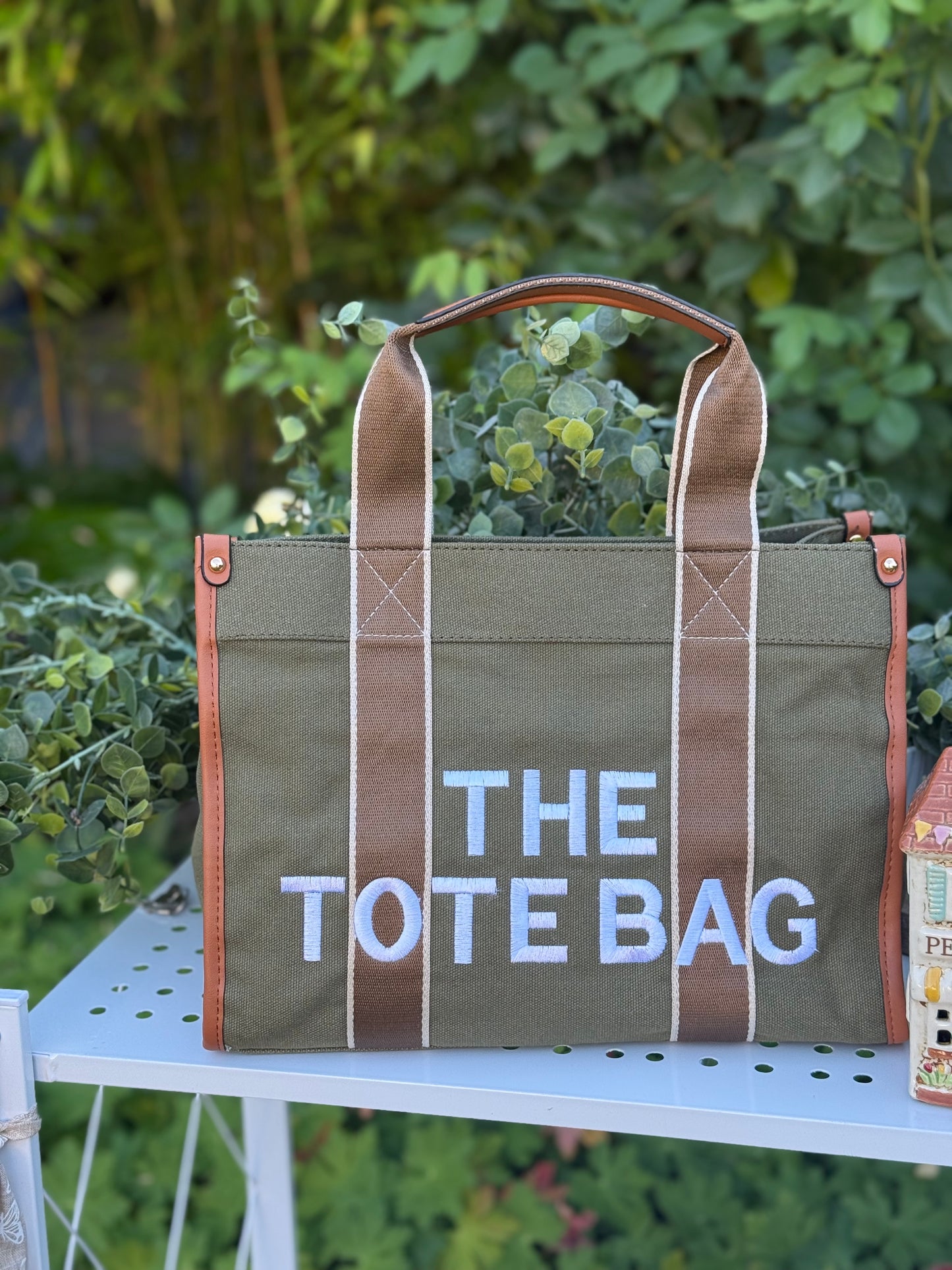 New Embroidered Tote Bag - Khaki Green