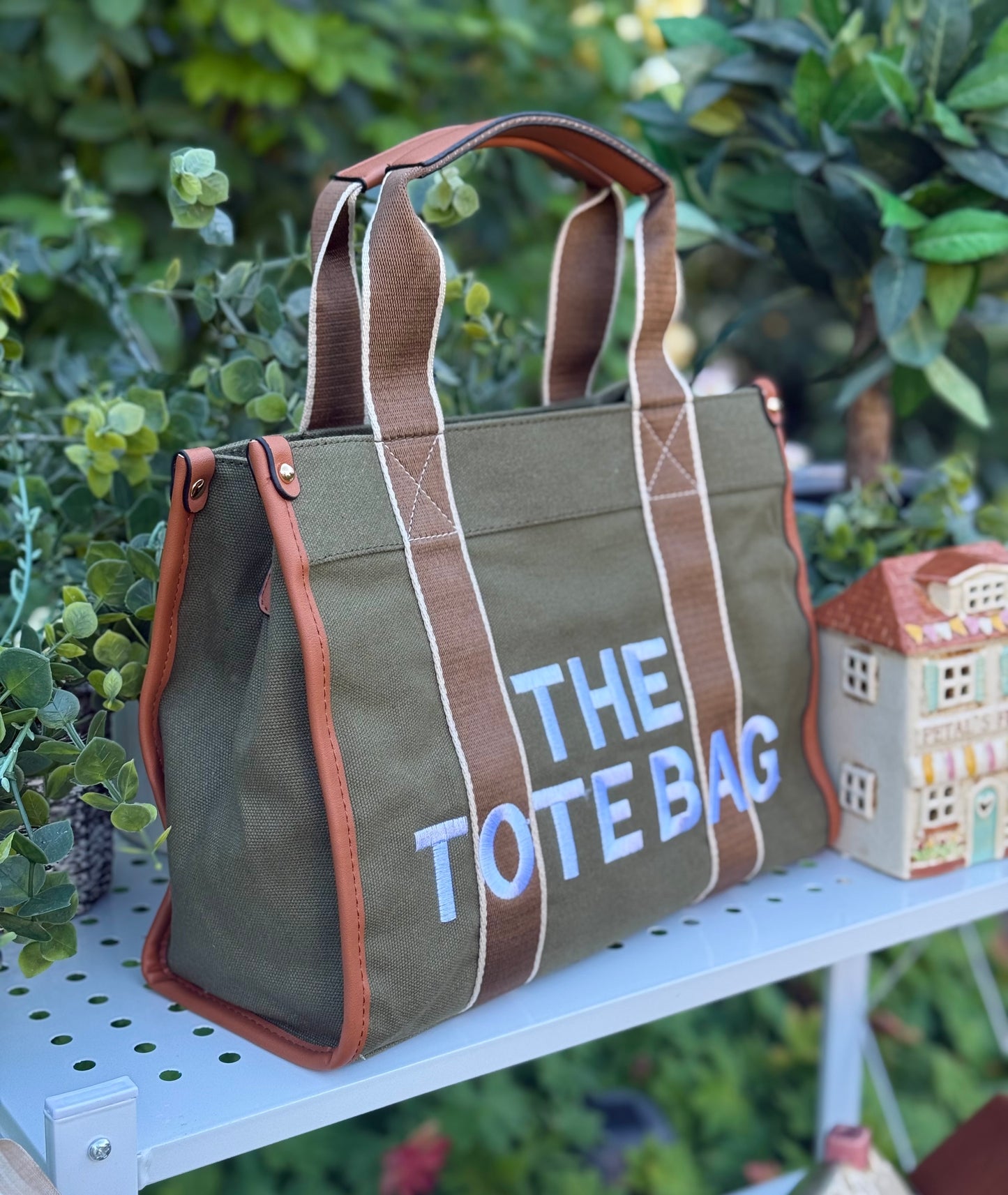 New Embroidered Tote Bag - Khaki Green
