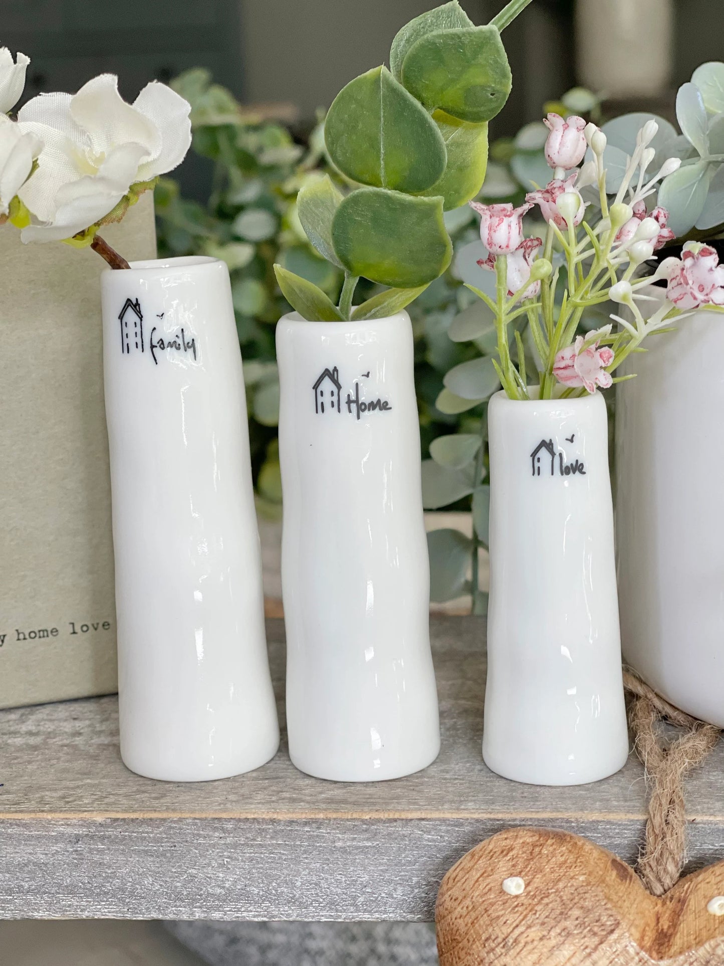 East Of India Set of 3 Porcelain Bud Vases - Home, Family, Love
