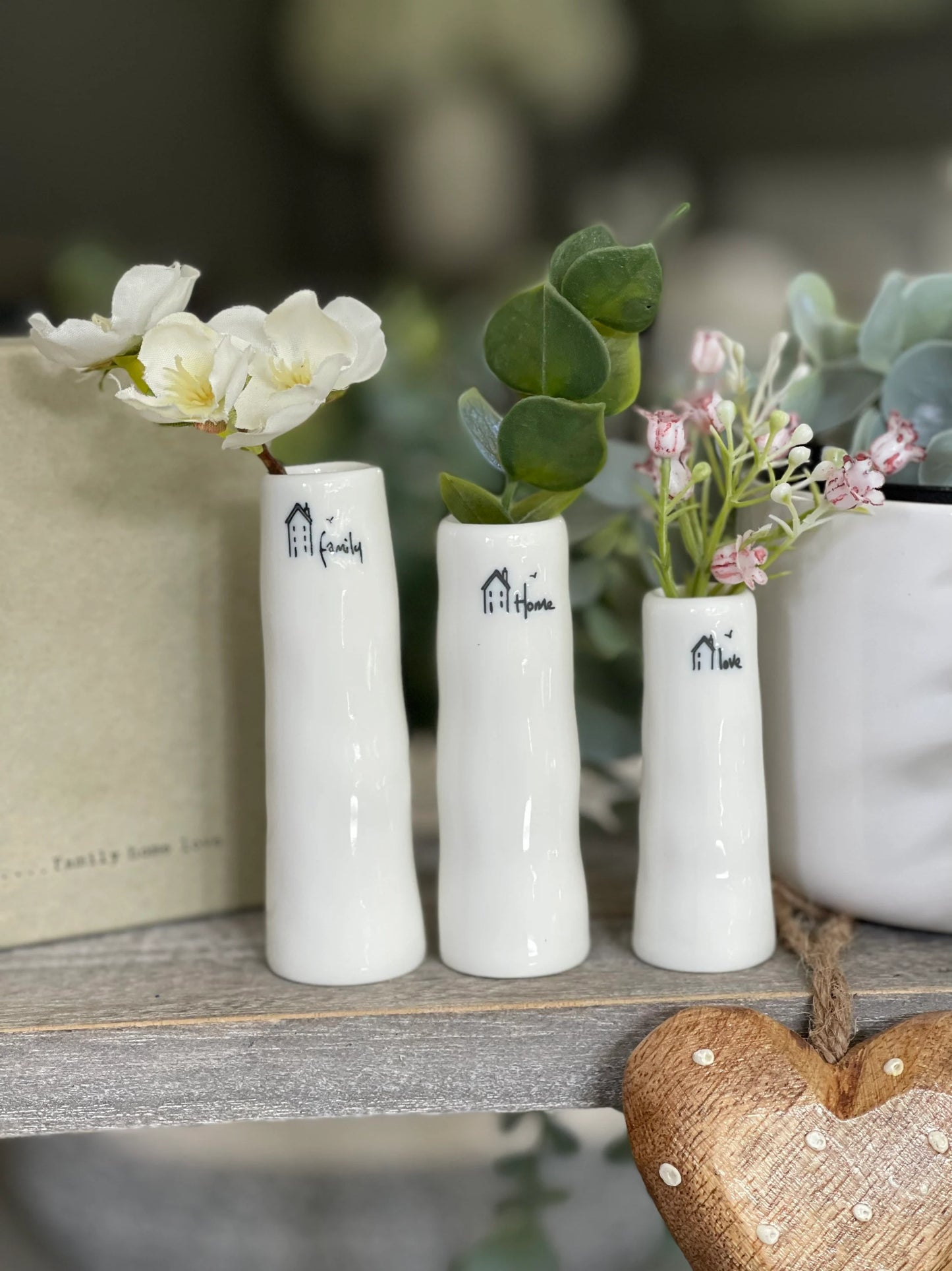 East Of India Set of 3 Porcelain Bud Vases - Home, Family, Love