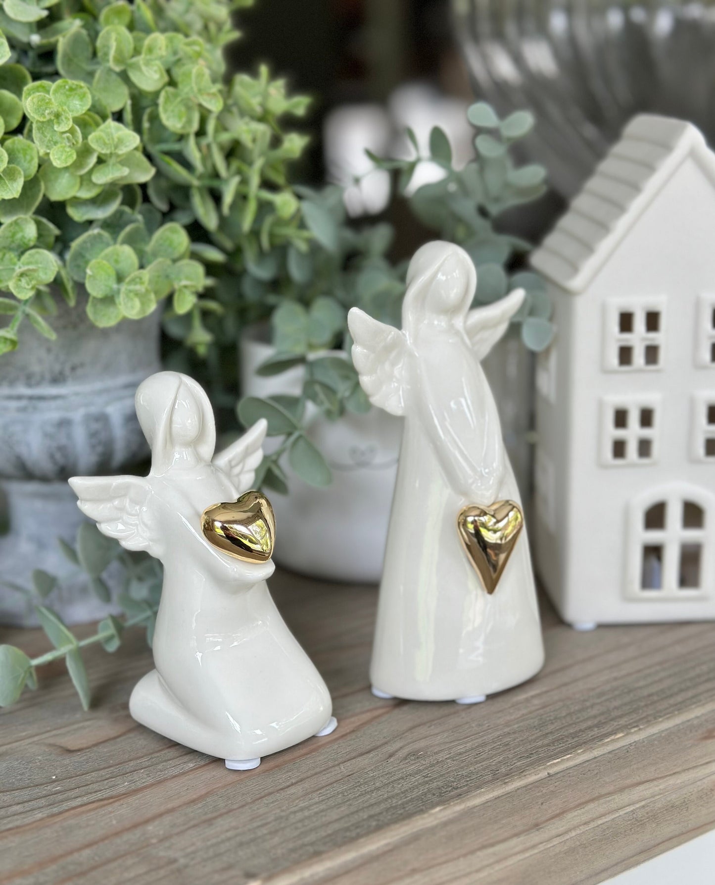 Glossy White ceramic glazed Angel with Gold Heart - 2 Sizes Available