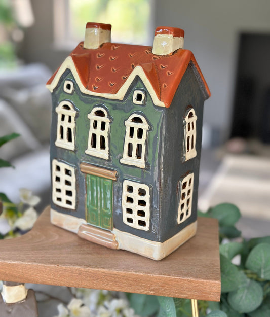 Blue/ Grey Ceramic House/Cottage Candle Holder