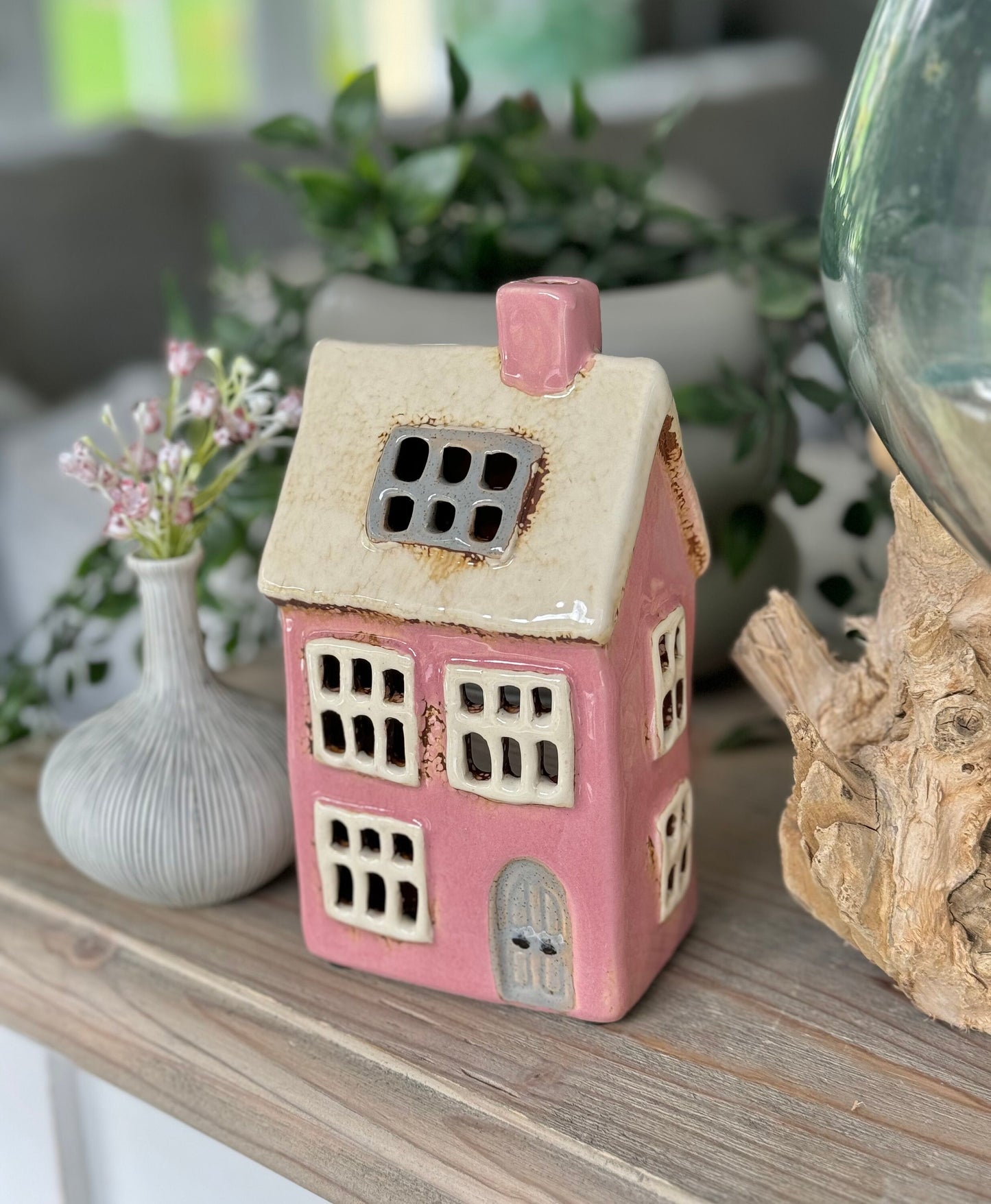 Pink Traditional Village House Candle Holder