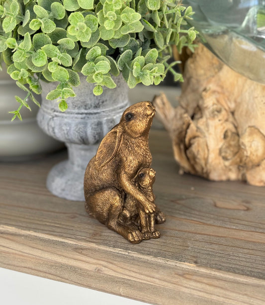 Bronzed Ornamental Sitting Hare and Baby